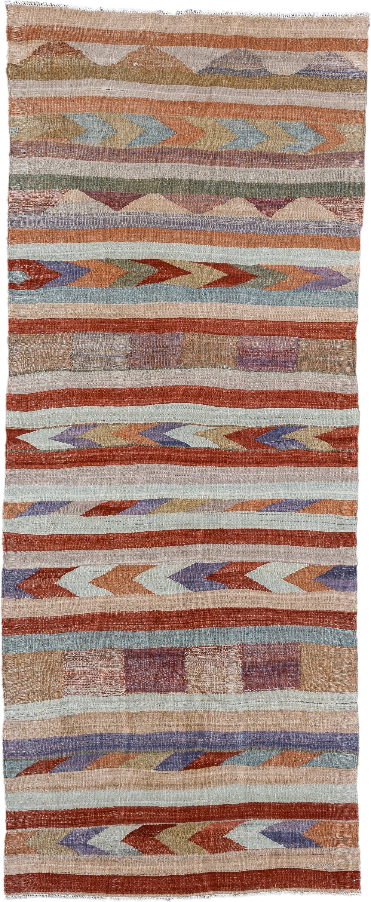 3' x 7' one-of-a-kind handmade vintage Kilim runner rug. Color palette: terra cotta, ivory, taupe, lavender, sky blue, sage