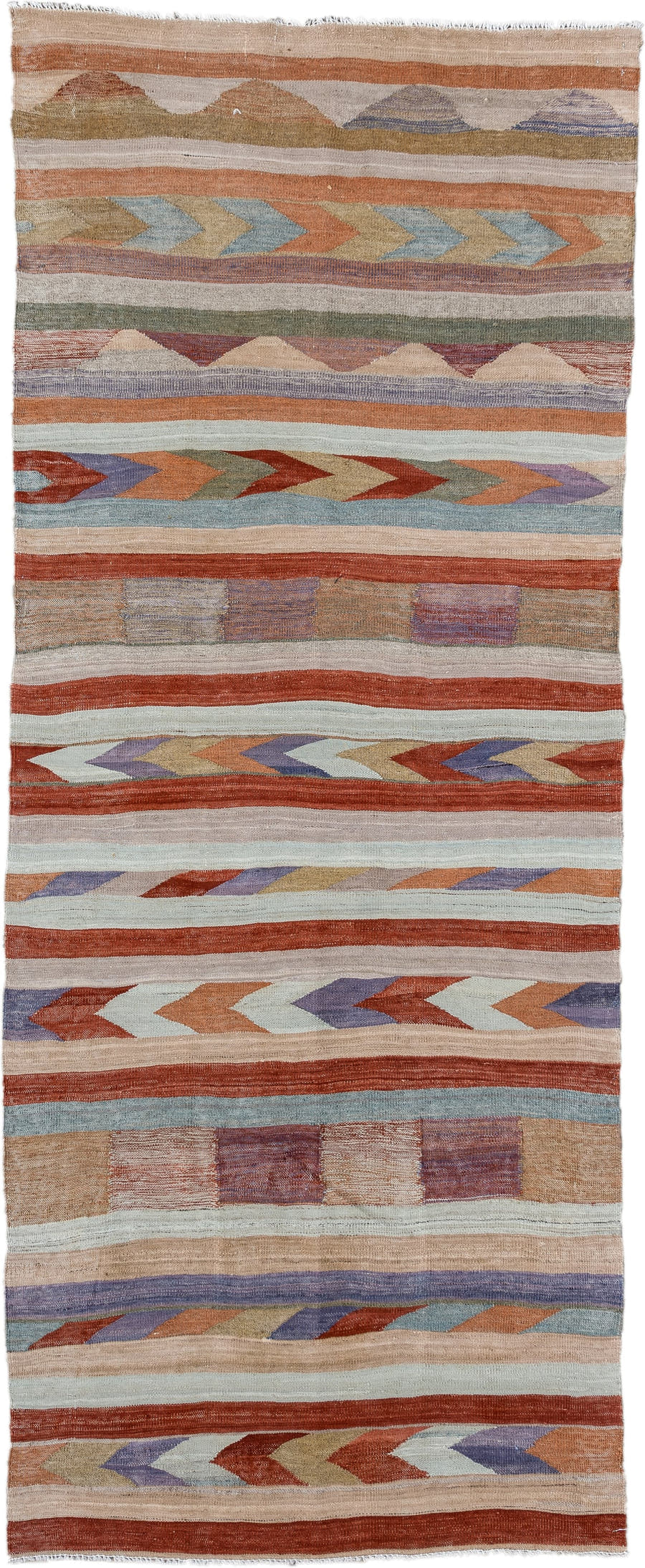 3' x 7' one-of-a-kind handmade vintage Kilim runner rug. Color palette: terra cotta, ivory, taupe, lavender, sky blue, sage