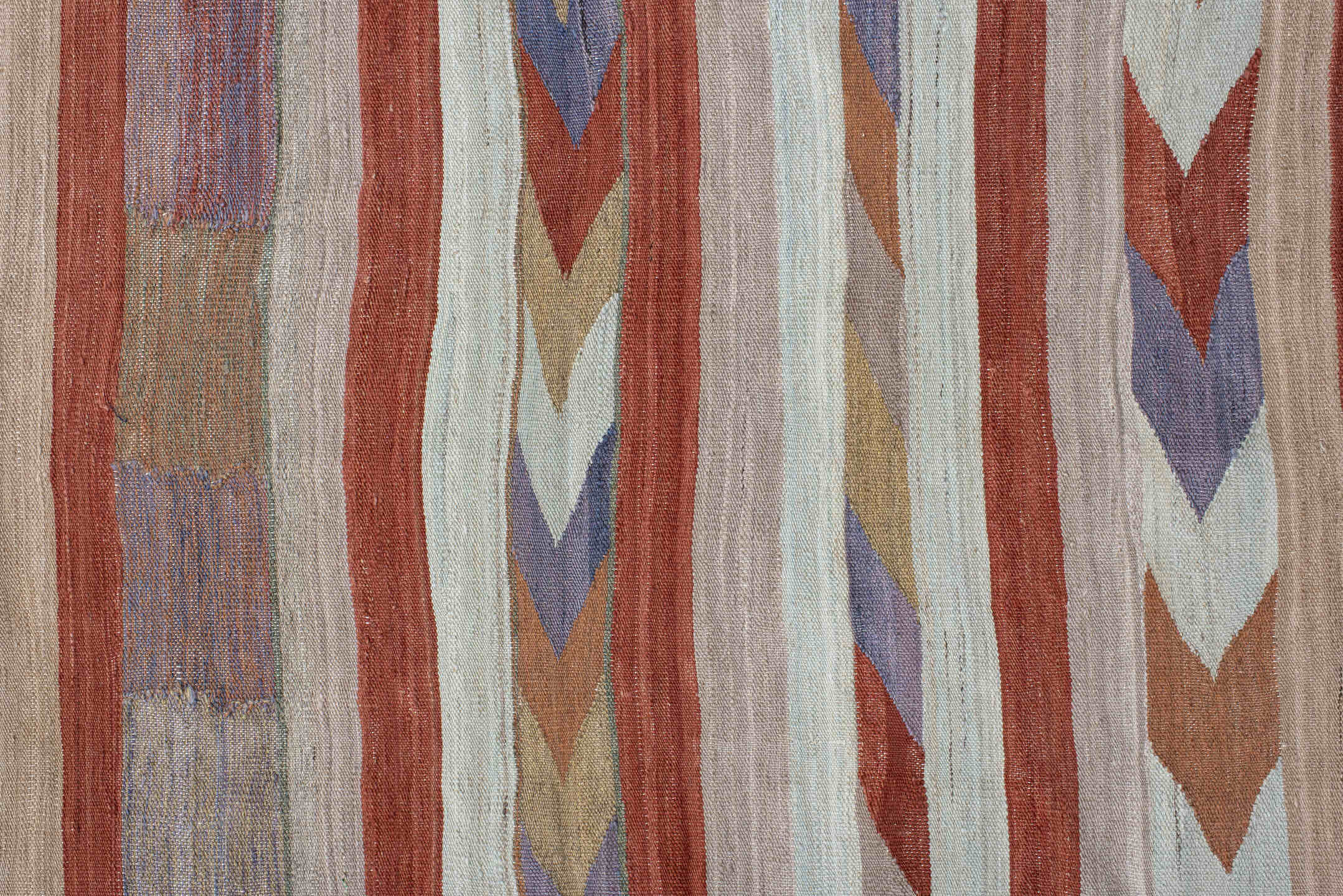 3' x 7' one-of-a-kind handmade vintage Kilim runner rug. Color palette: blue, brown, gray, light gray, off-white, pink, red
