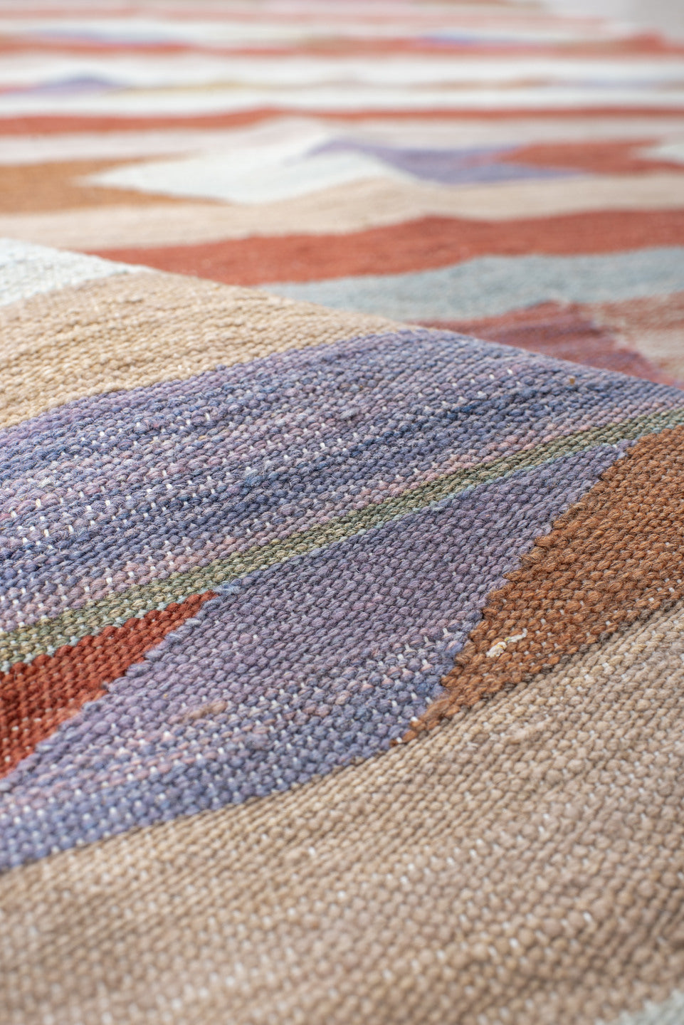 3' x 7' one-of-a-kind handmade vintage Kilim runner rug. Color palette: blue, brown, gray, light gray, off-white, pink, red