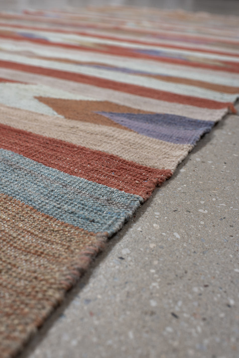 3' x 7' one-of-a-kind handmade vintage Kilim runner rug. Color palette: terra cotta, ivory, taupe, lavender, sky blue, sage