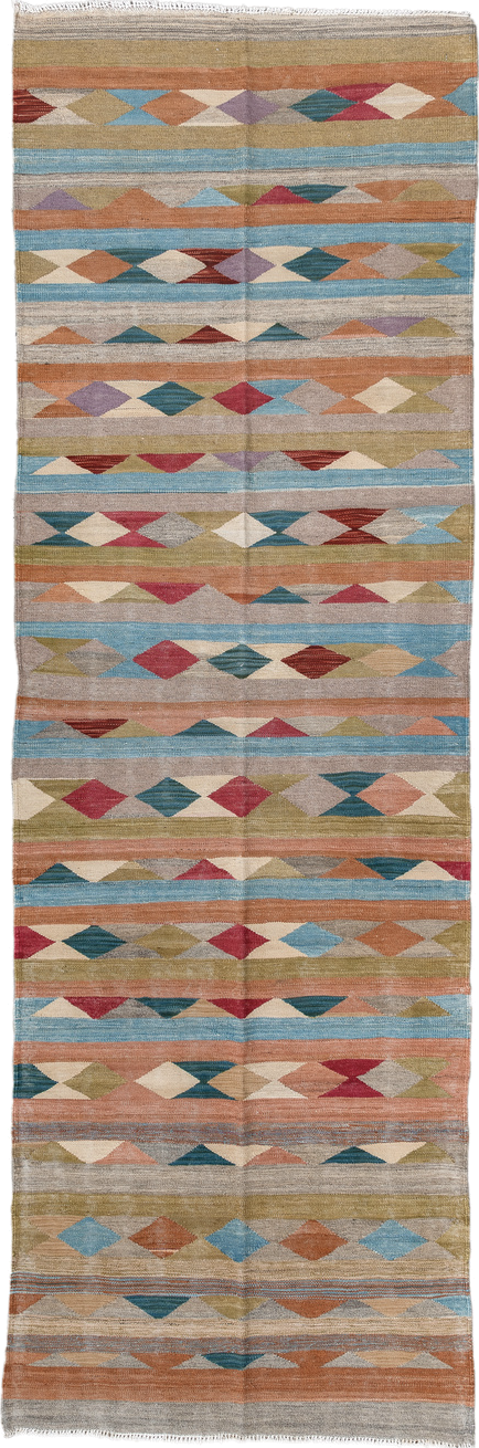 3' x 10' one-of-a-kind handmade vintage Kilim runner rug. Color palette: taupe, sky blue, terra cotta, olive, ivory, rose