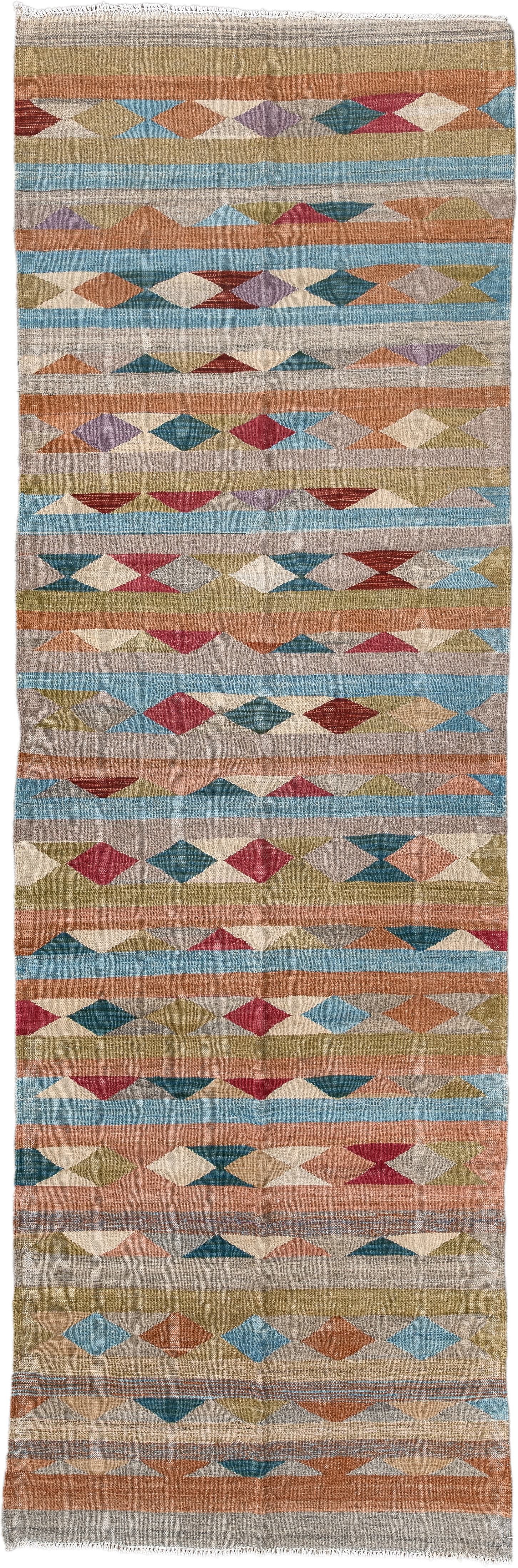 3' x 10' one-of-a-kind handmade vintage Kilim runner rug. Color palette: taupe, sky blue, terra cotta, olive, ivory, rose