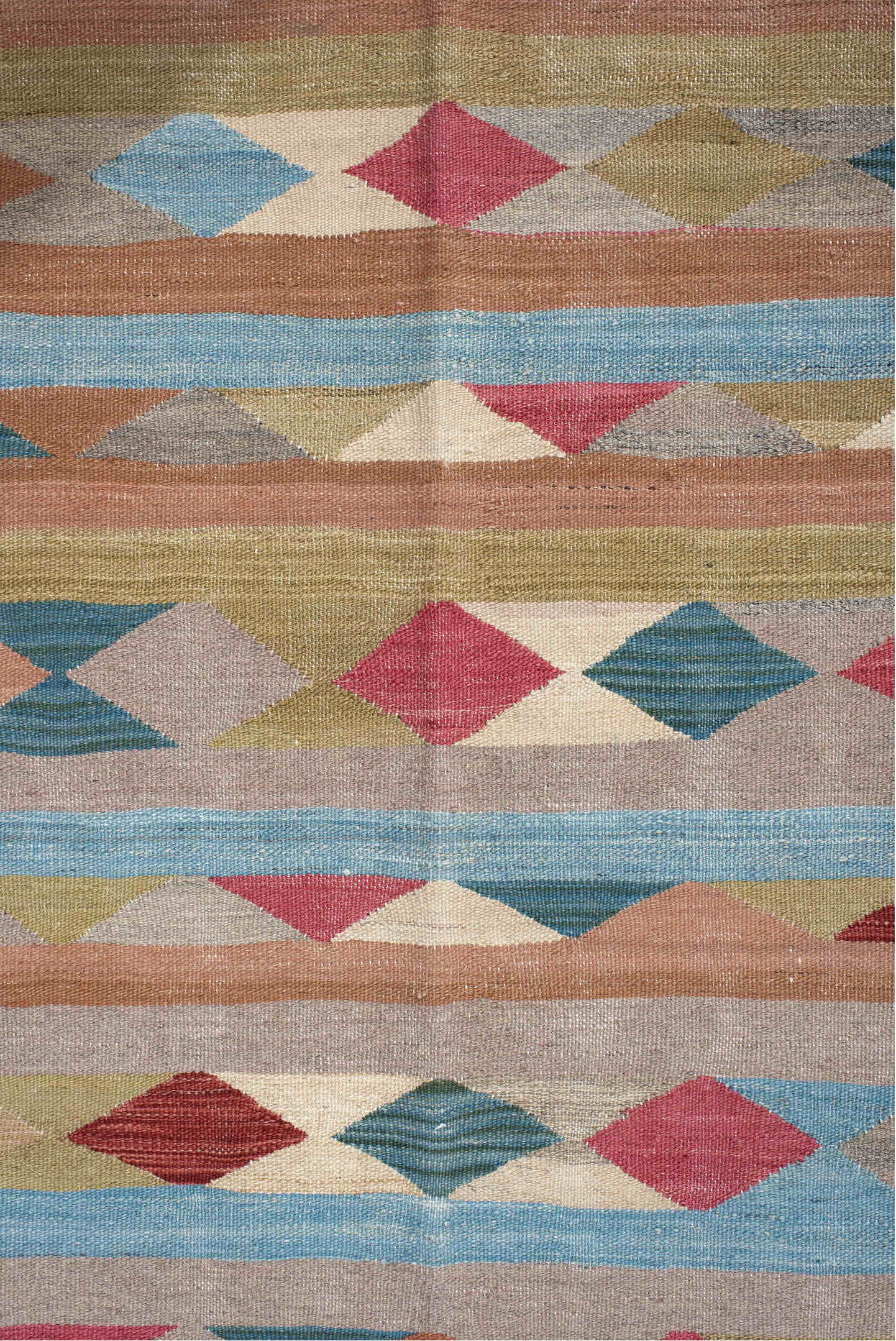 3' x 10' one-of-a-kind handmade vintage Kilim runner rug. Color palette: taupe, sky blue, terra cotta, olive, ivory, rose