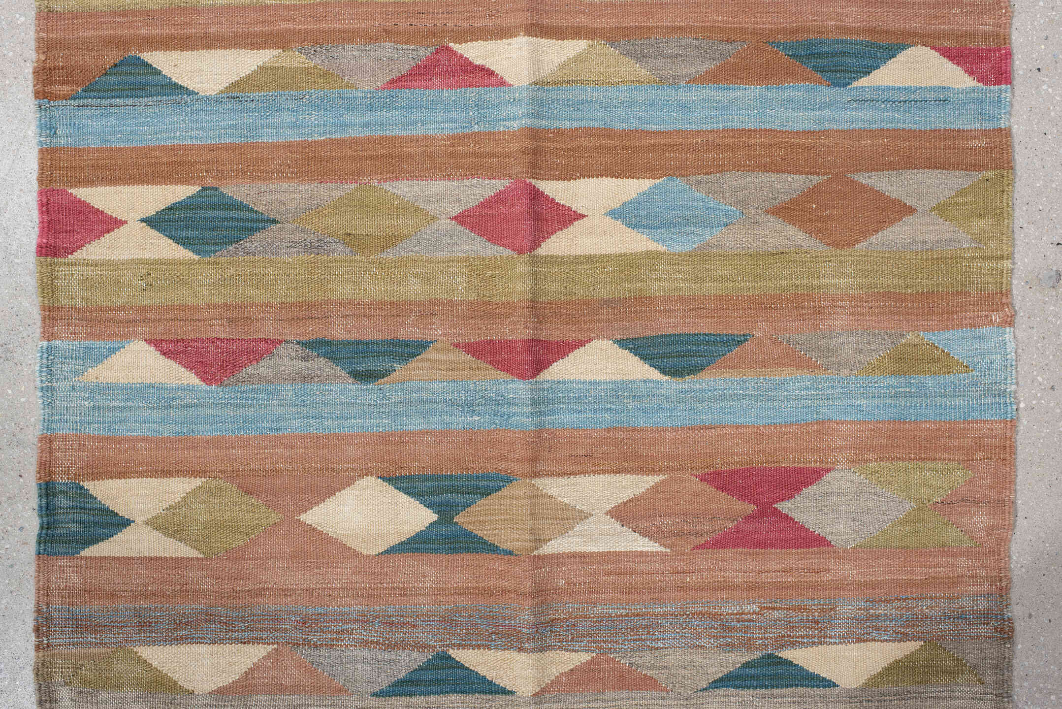 3' x 10' one-of-a-kind handmade vintage Kilim runner rug. Color palette: taupe, sky blue, terra cotta, olive, ivory, rose