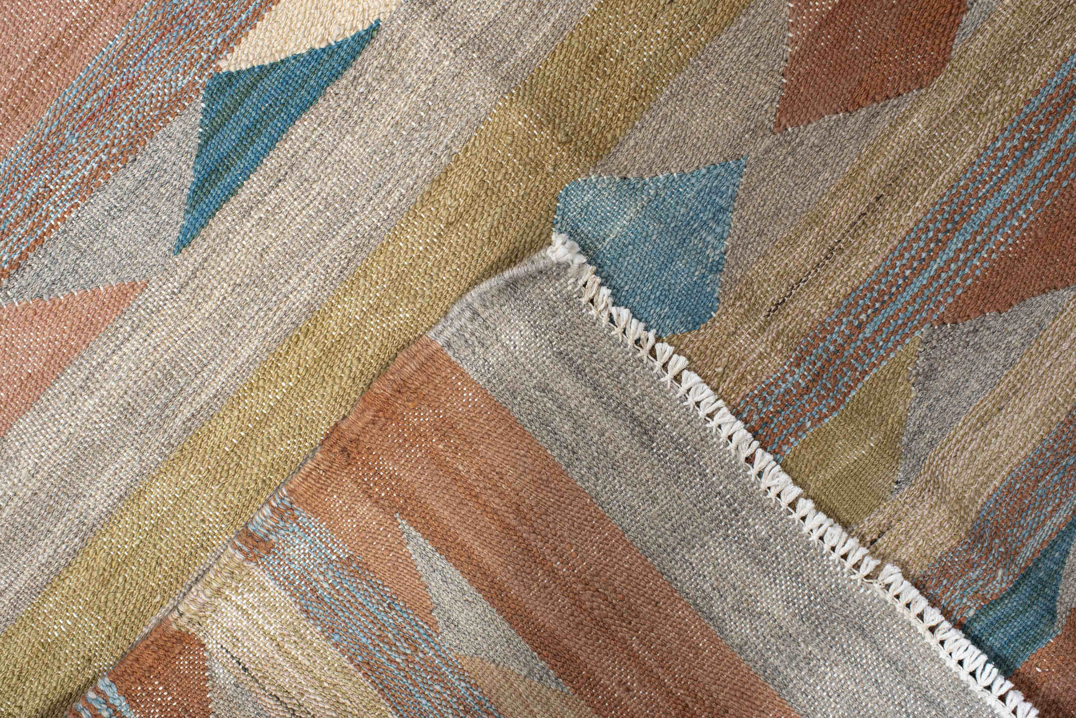 3' x 10' one-of-a-kind handmade vintage Kilim runner rug. Color palette: taupe, sky blue, terra cotta, olive, ivory, rose