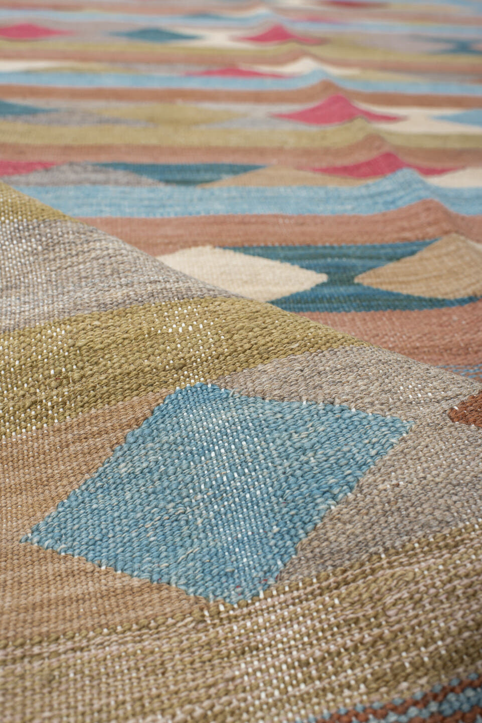 3' x 10' one-of-a-kind handmade vintage Kilim runner rug. Color palette: taupe, sky blue, terra cotta, olive, ivory, rose