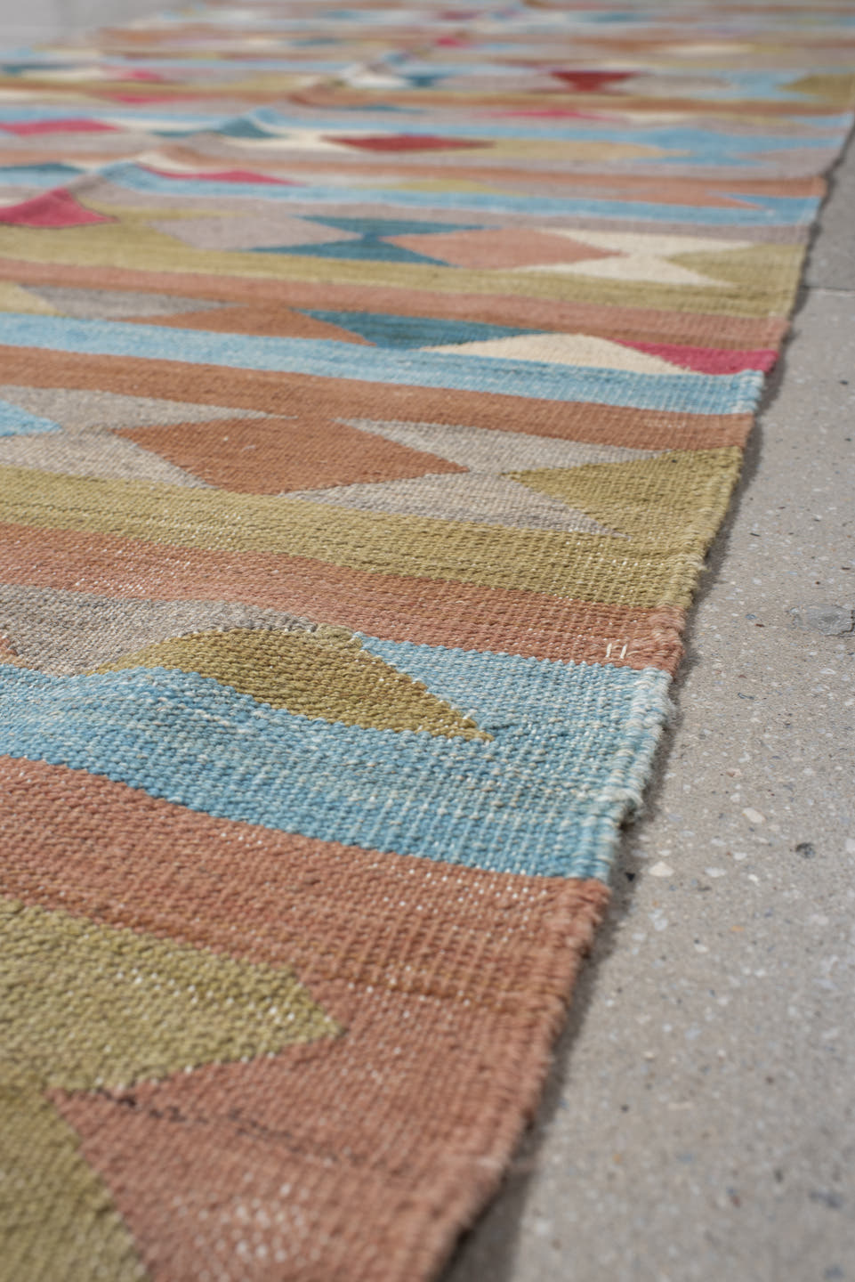 3' x 10' one-of-a-kind handmade vintage Kilim runner rug. Color palette: taupe, sky blue, terra cotta, olive, ivory, rose