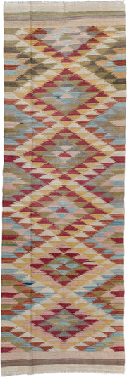 3' x 10' one-of-a-kind handmade vintage Kilim runner rug. Color palette: ivory, rose, olive, sky_blue, rust, taupe, gold