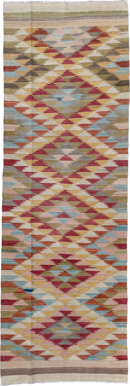 3' x 10' one-of-a-kind handmade vintage Kilim runner rug. Color palette: ivory, rose, olive, sky_blue, rust, taupe, gold