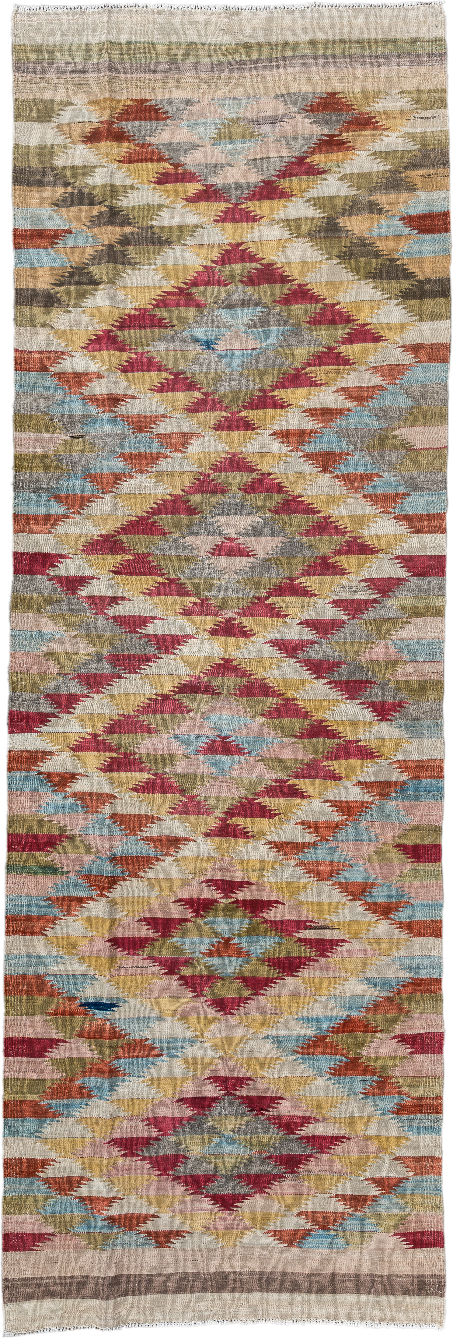 3' x 10' one-of-a-kind handmade vintage Kilim runner rug. Color palette: ivory, rose, olive, sky_blue, rust, taupe, gold