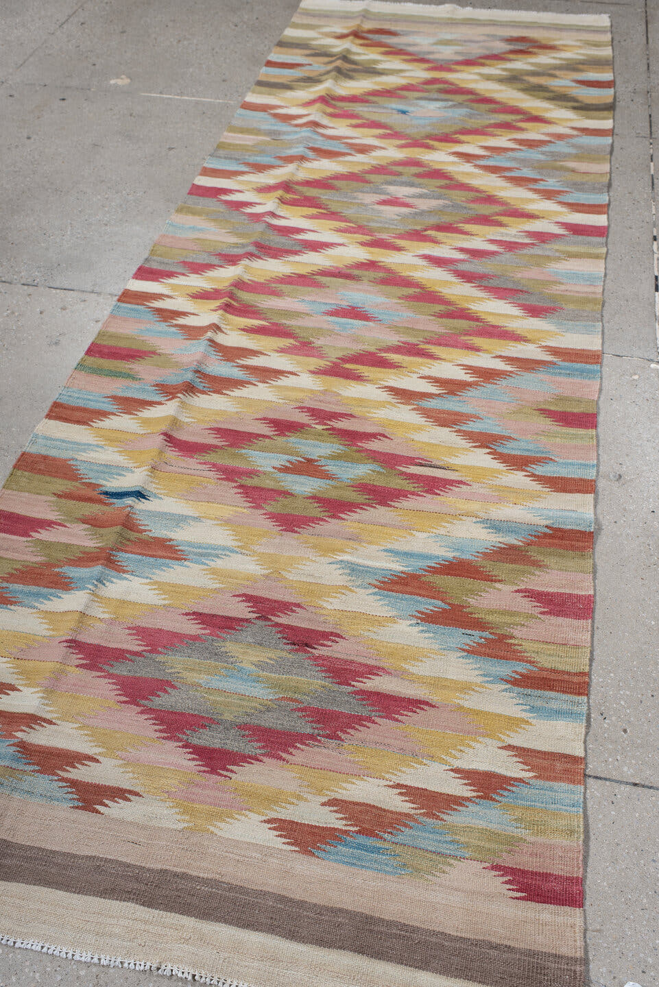 3' x 10' one-of-a-kind handmade vintage Kilim runner rug. Color palette: ivory, rose, olive, sky_blue, rust, taupe, gold