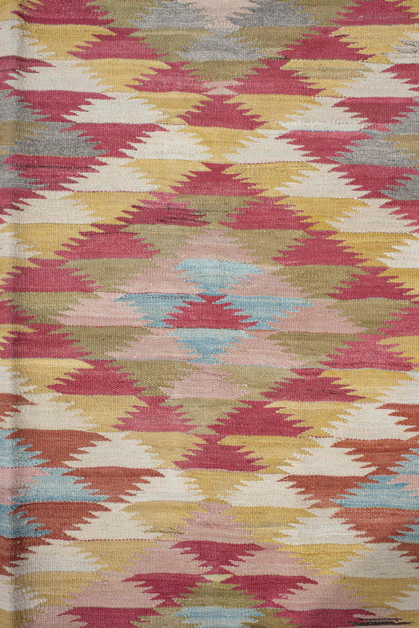 3' x 10' one-of-a-kind handmade vintage Kilim runner rug. Color palette: ivory, rose, olive, sky_blue, rust, taupe, gold