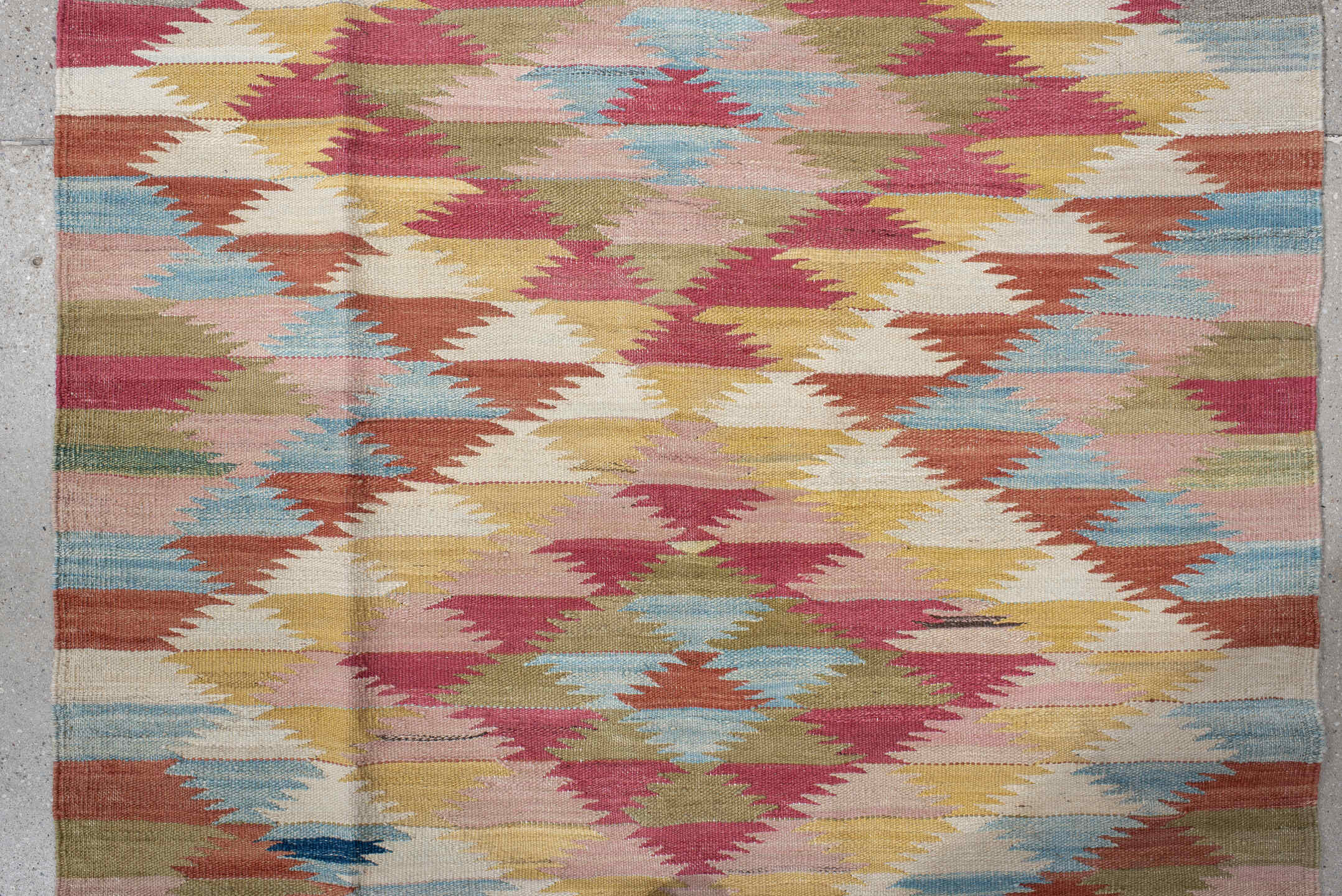 3' x 10' one-of-a-kind handmade vintage Kilim runner rug. Color palette: ivory, rose, olive, sky_blue, rust, taupe, gold