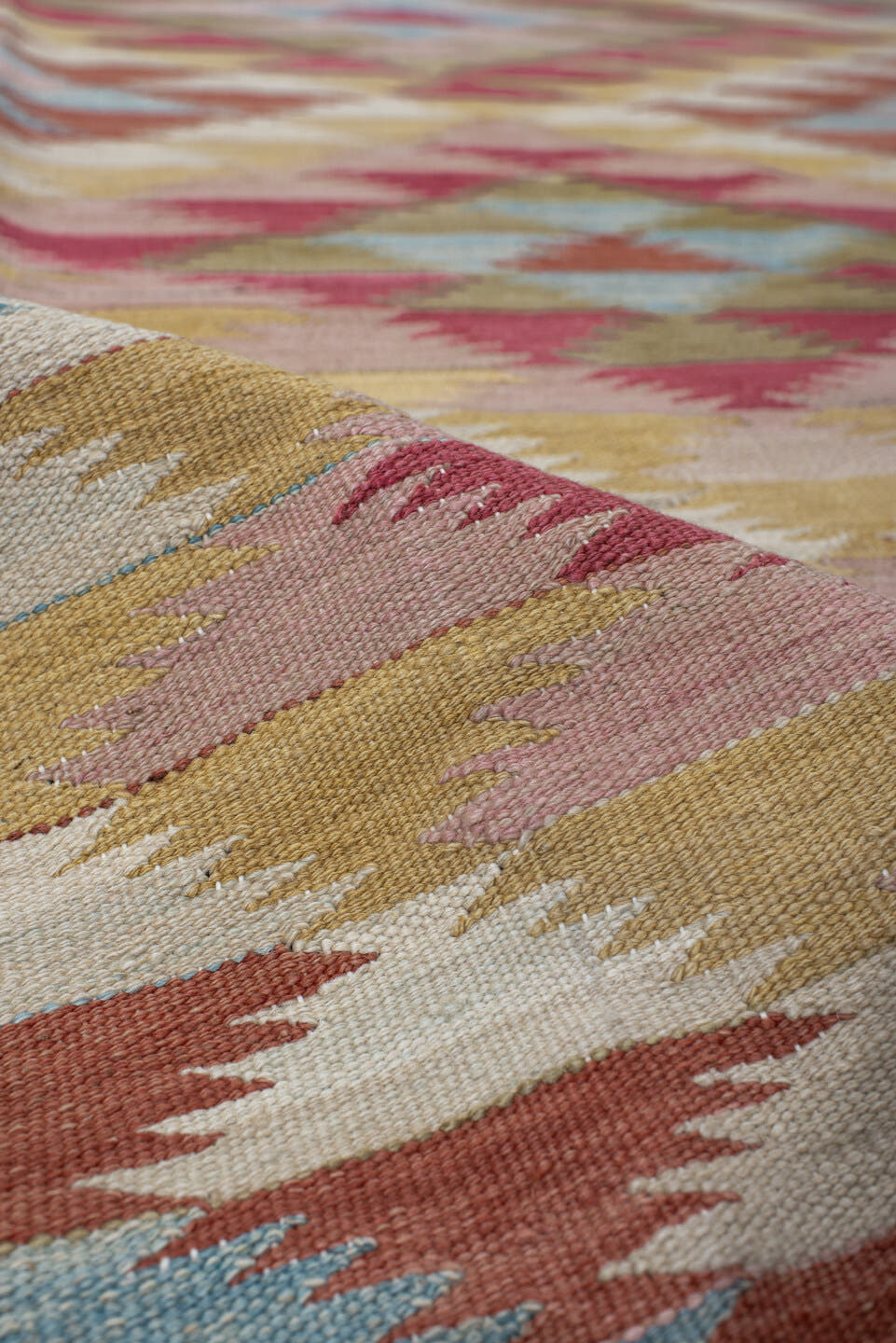 3' x 10' one-of-a-kind handmade vintage Kilim runner rug. Color palette: ivory, rose, olive, sky_blue, rust, taupe, gold
