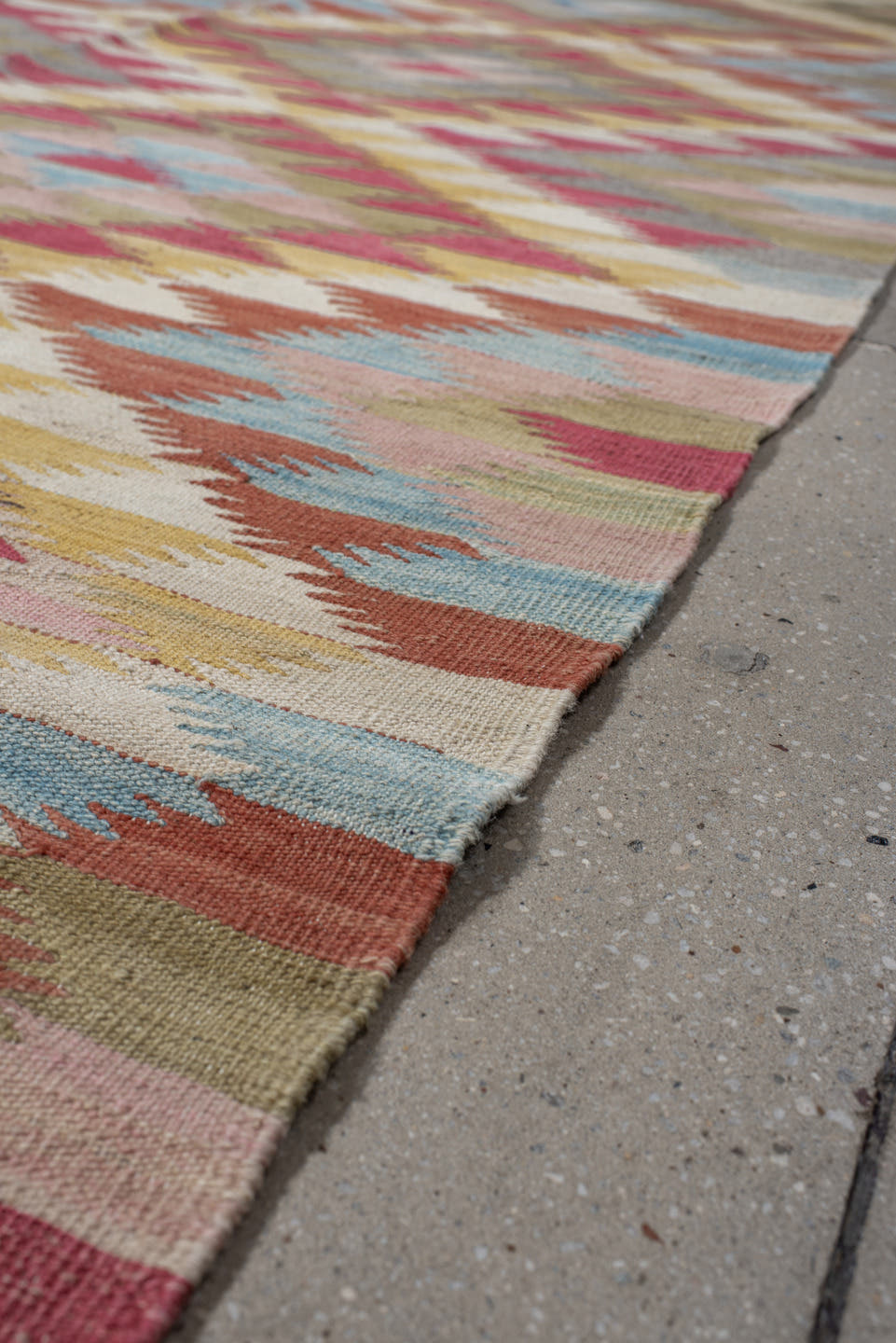 3' x 10' one-of-a-kind handmade vintage Kilim runner rug. Color palette: ivory, rose, olive, sky_blue, rust, taupe, gold