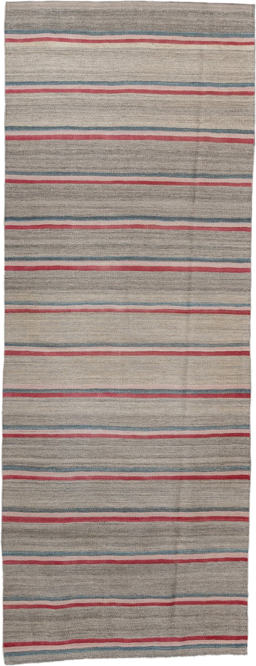 2' x 7' one-of-a-kind handmade vintage Kilim runner rug. Color palette: taupe, rose, ivory, teal, gray, beige, pink, red