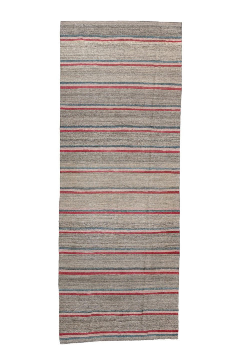 2' x 7' one-of-a-kind handmade vintage Kilim runner rug. Color palette: black, brown, dark gray, gray, light gray, pink, red