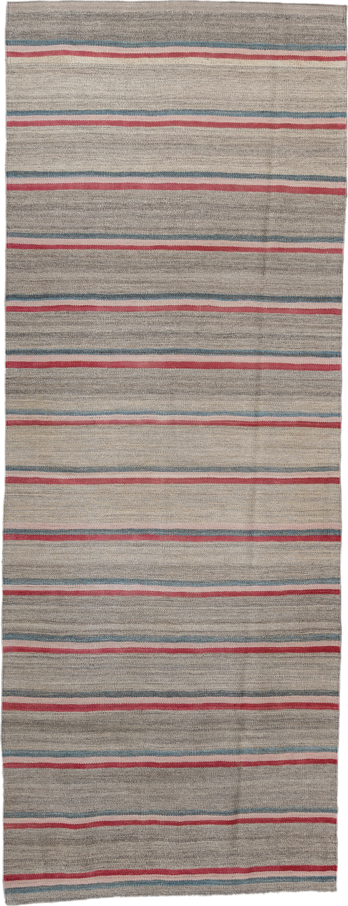 2' x 7' one-of-a-kind handmade vintage Kilim runner rug. Color palette: taupe, rose, ivory, teal, gray, beige, pink, red