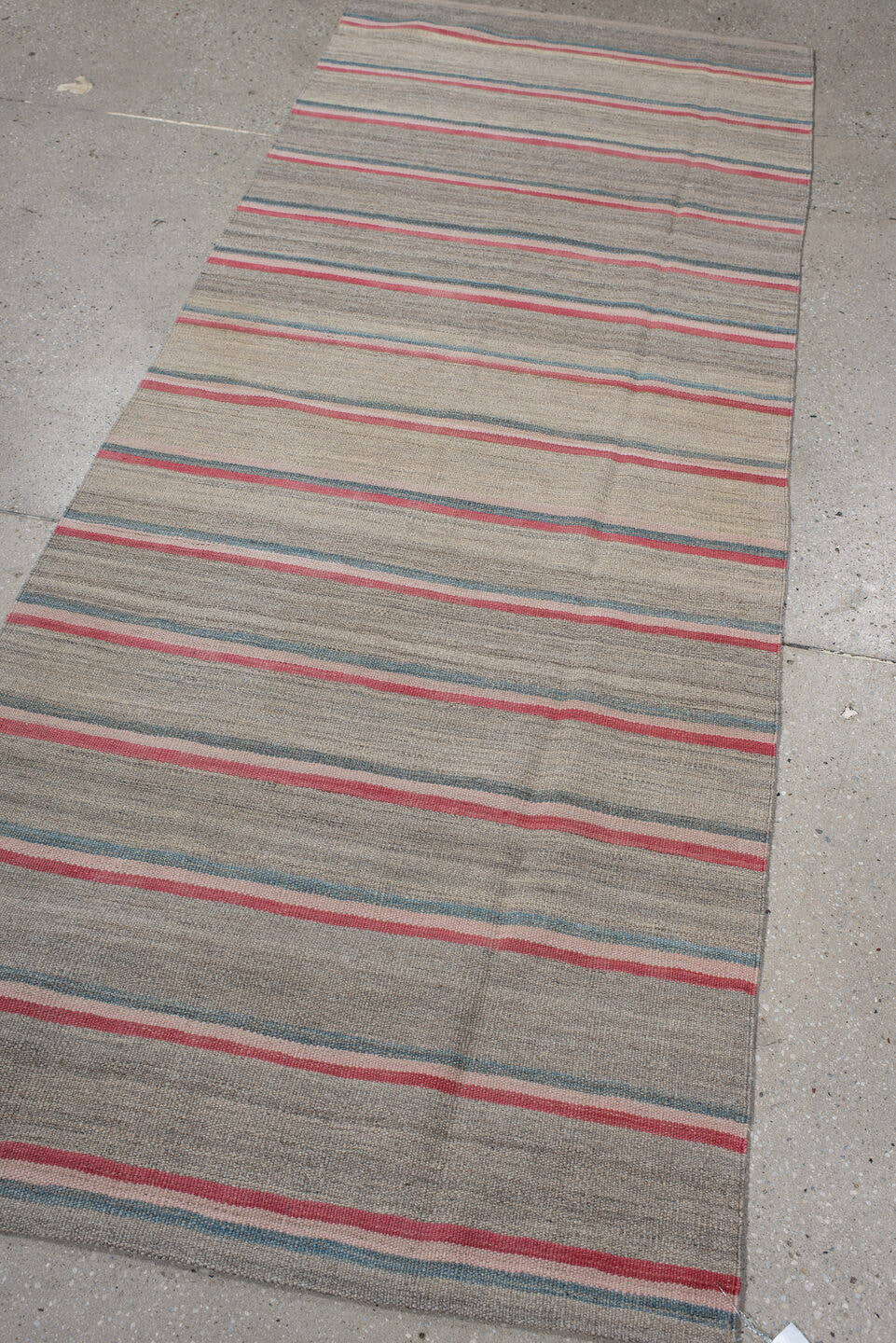 2' x 7' one-of-a-kind handmade vintage Kilim runner rug. Color palette: taupe, rose, ivory, teal, gray, beige, pink, red
