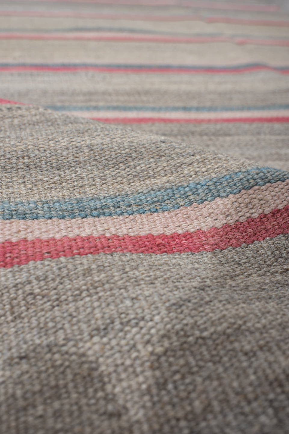 2' x 7' one-of-a-kind handmade vintage Kilim runner rug. Color palette: taupe, rose, ivory, teal, gray, beige, pink, red