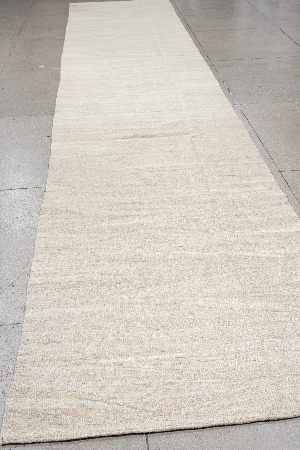 3' x 9' one-of-a-kind handmade vintage Kilim runner rug. Color palette: ivory, beige, cream, taupe, gray