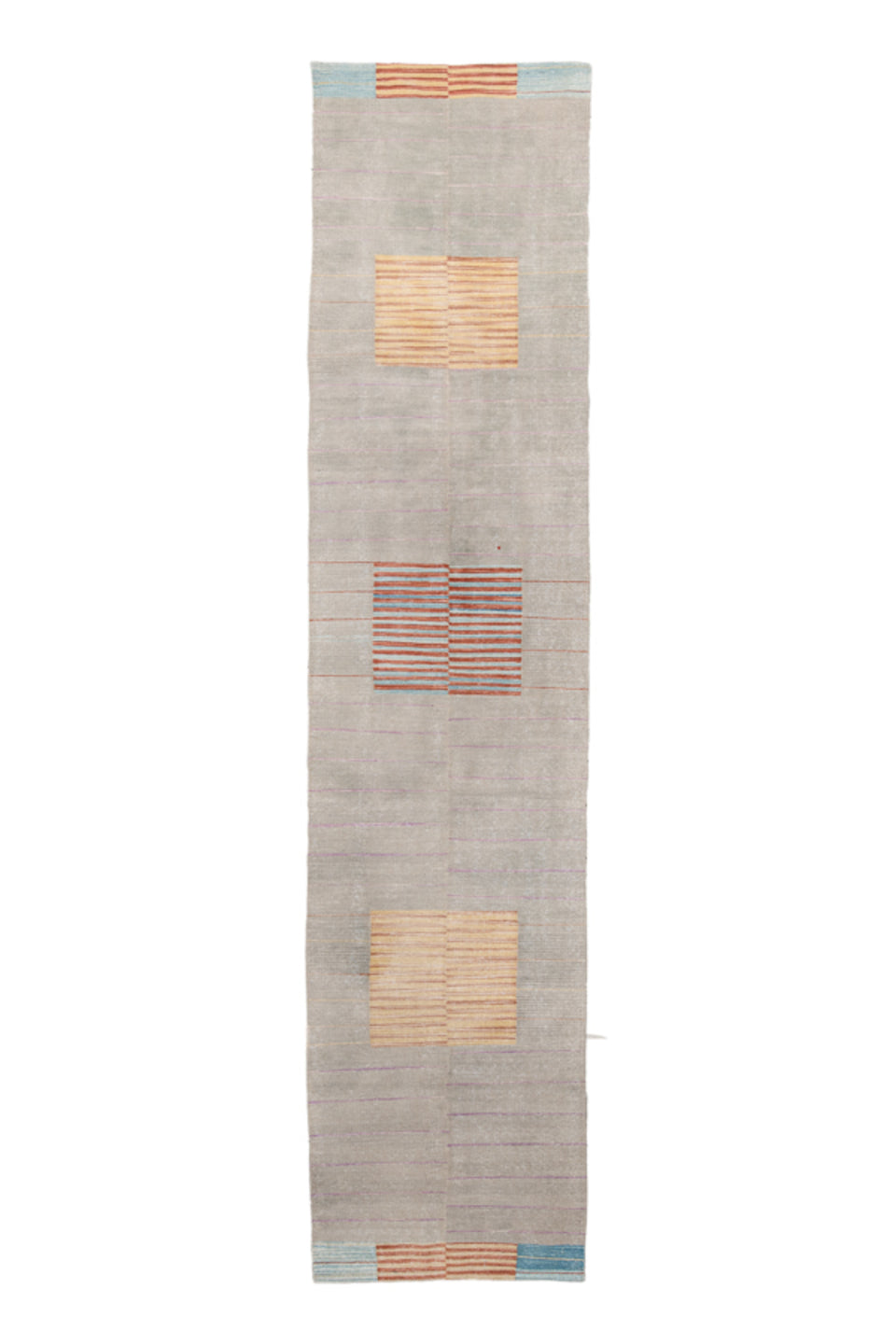 2' x 8' one-of-a-kind handmade vintage Kilim runner rug. Color palette: gray, light gray, off-white, pink, brown, orange