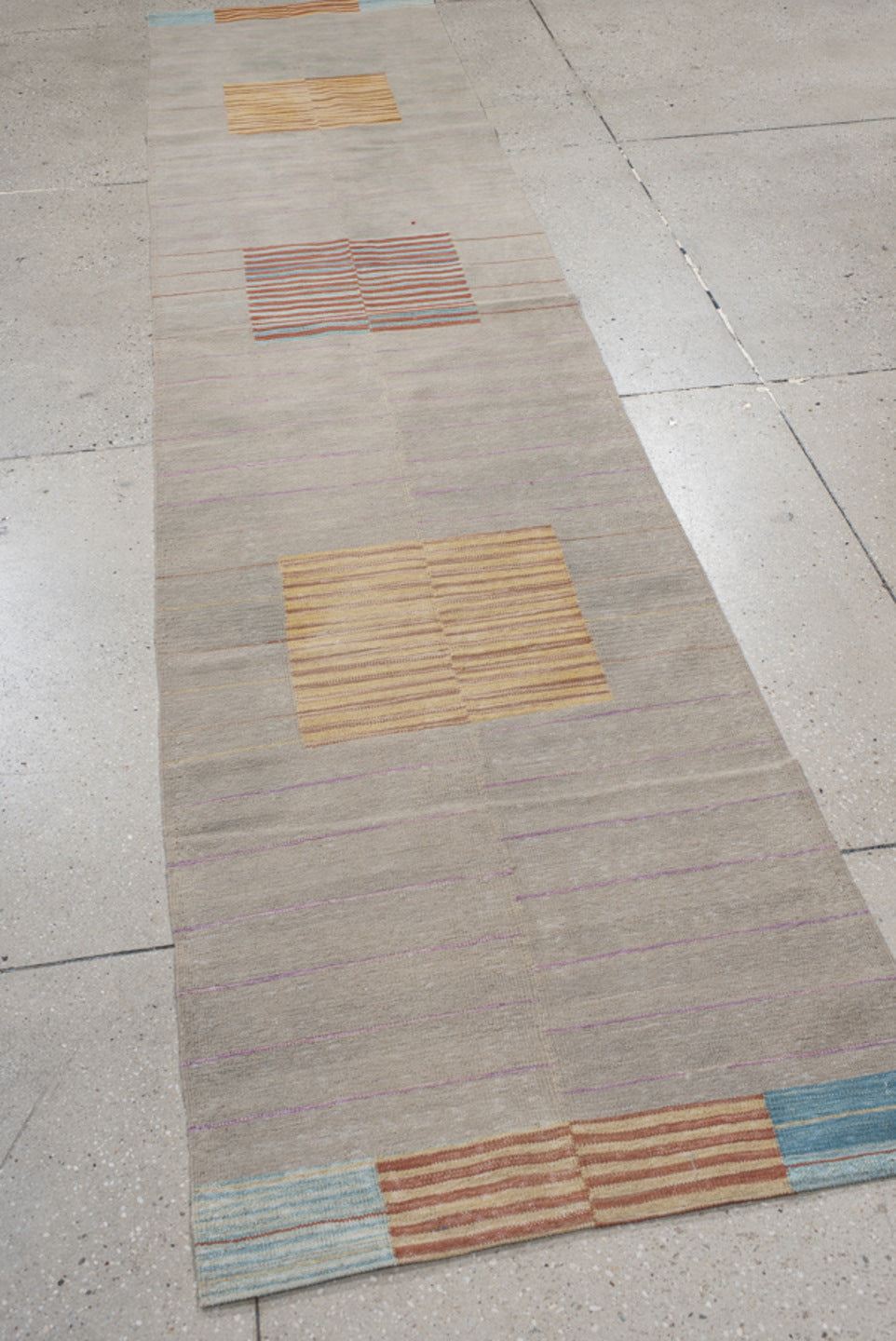 2' x 8' one-of-a-kind handmade vintage Kilim runner rug. Color palette: taupe, ivory, coral, pale_blue, lavender, beige