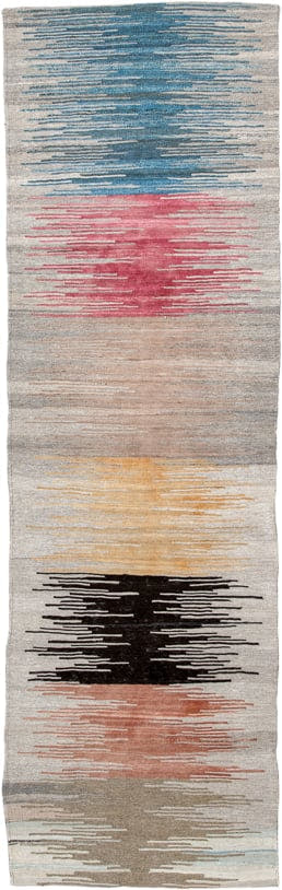 2' x 11' one-of-a-kind handmade vintage Kilim runner rug. Color palette: ivory, taupe, sky_blue, rose, black, gold, peach