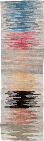 2' x 11' one-of-a-kind handmade vintage Kilim runner rug. Color palette: ivory, taupe, sky_blue, rose, black, gold, peach