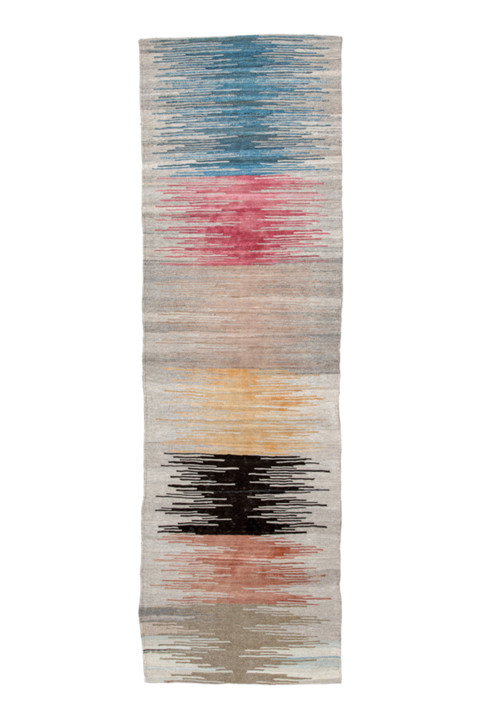 2' x 11' one-of-a-kind handmade vintage Kilim runner rug. Color palette: black, blue, brown, charcoal, dark gray, gray