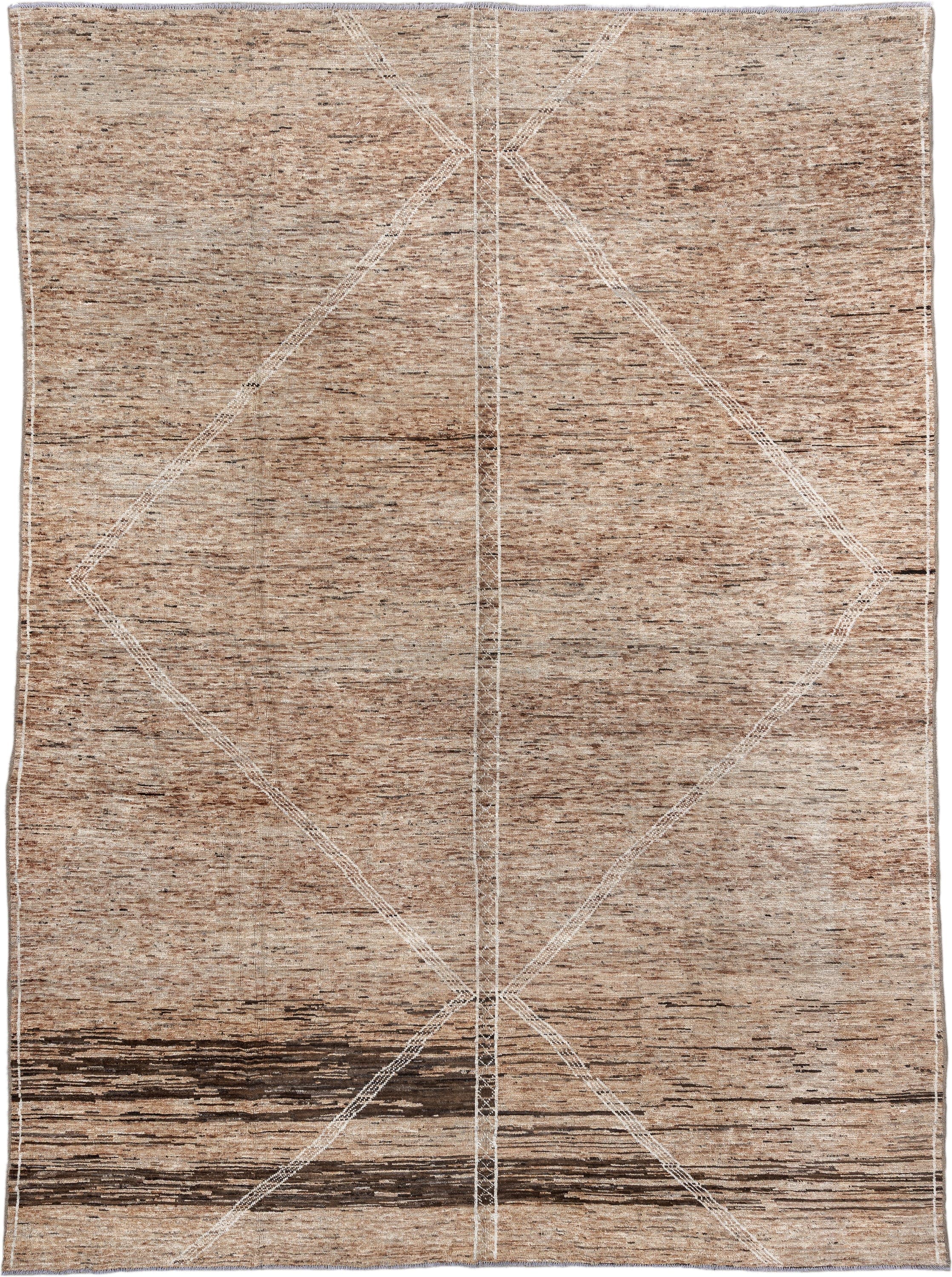 10' x 13' one-of-a-kind handmade vintage Tulu large size rug. Color palette: camel, ivory, taupe, brown, charcoal, beige