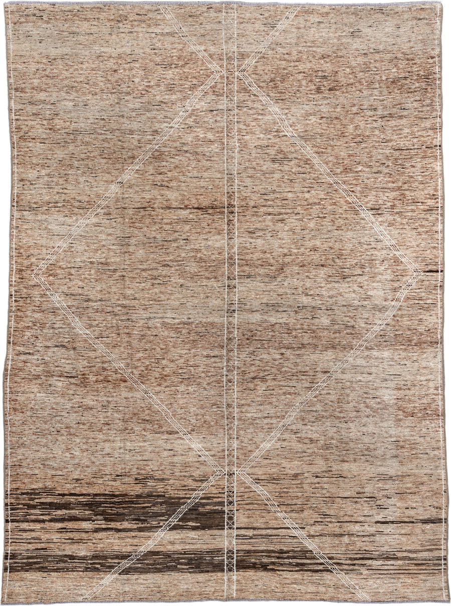10' x 13' one-of-a-kind handmade vintage Tulu large size rug. Color palette: camel, ivory, taupe, brown, charcoal, beige