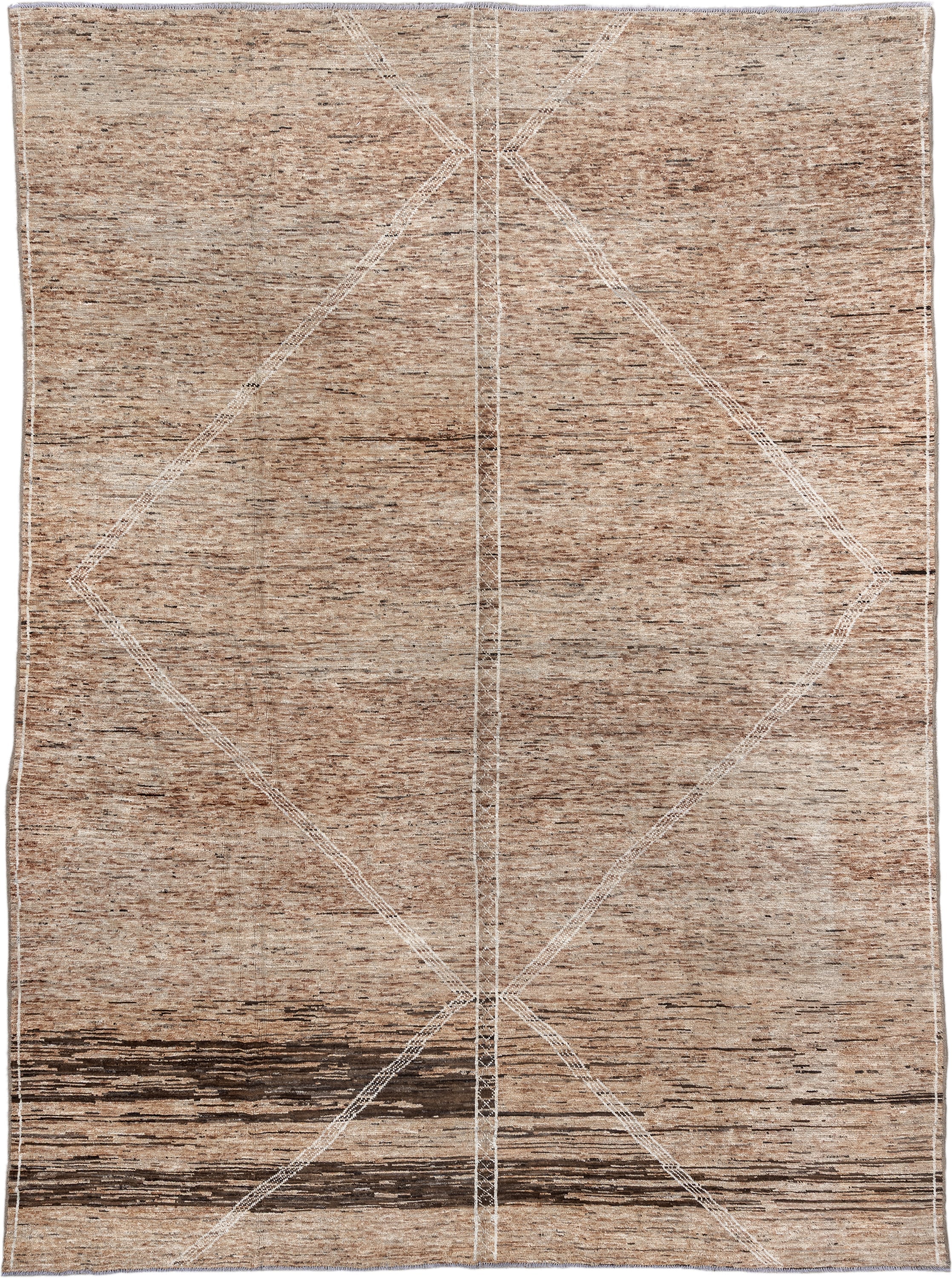10' x 13' one-of-a-kind handmade vintage Tulu large size rug. Color palette: camel, ivory, taupe, brown, charcoal, beige