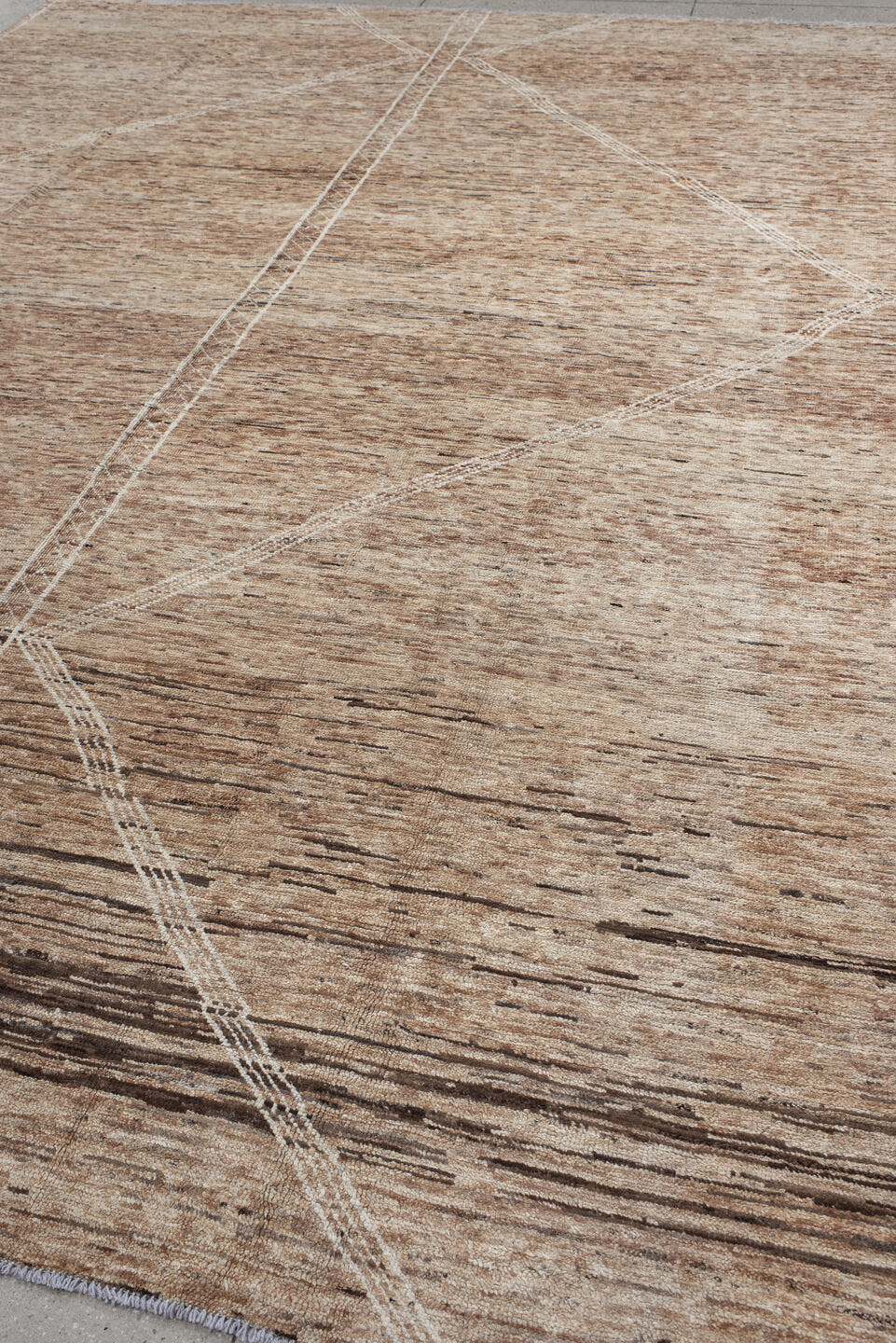 10' x 13' one-of-a-kind handmade vintage Tulu large size rug. Color palette: camel, ivory, taupe, brown, charcoal, beige