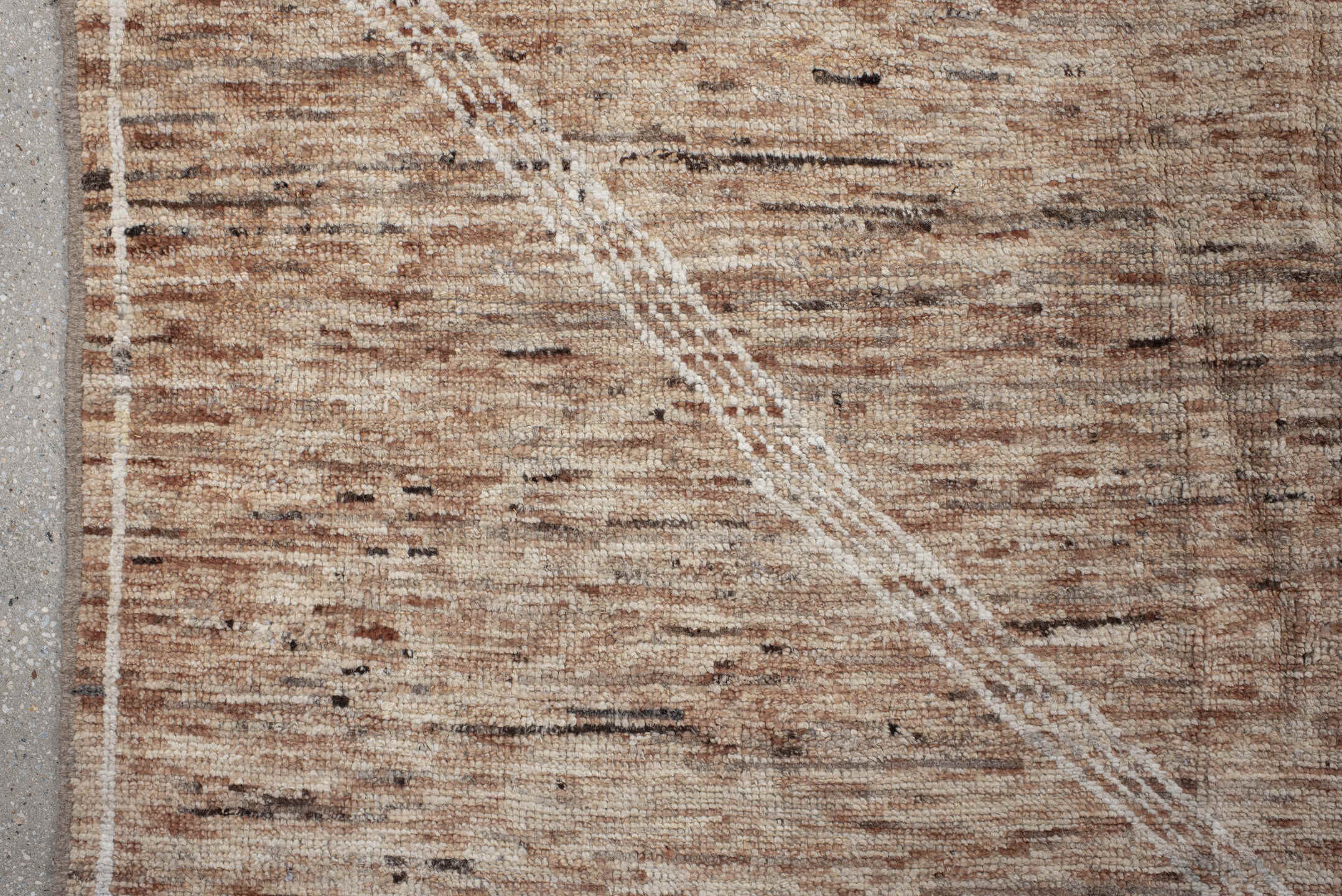 10' x 13' one-of-a-kind handmade vintage Tulu large size rug. Color palette: camel, ivory, taupe, brown, charcoal, beige