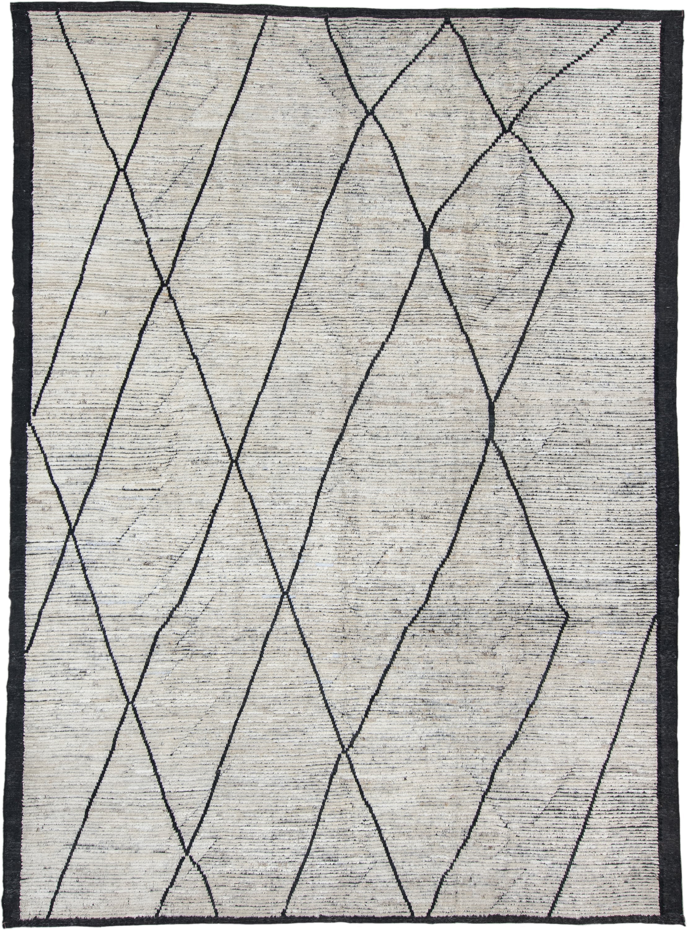 9' x 12' one-of-a-kind handmade vintage Tulu large size rug. Color palette: ivory, charcoal, black, cream, gray