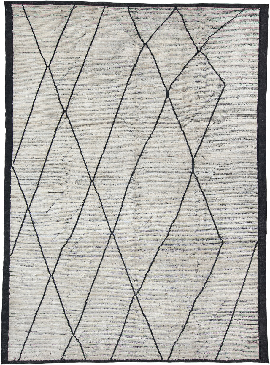 9' x 12' one-of-a-kind handmade vintage Tulu large size rug. Color palette: ivory, charcoal, black, cream, gray