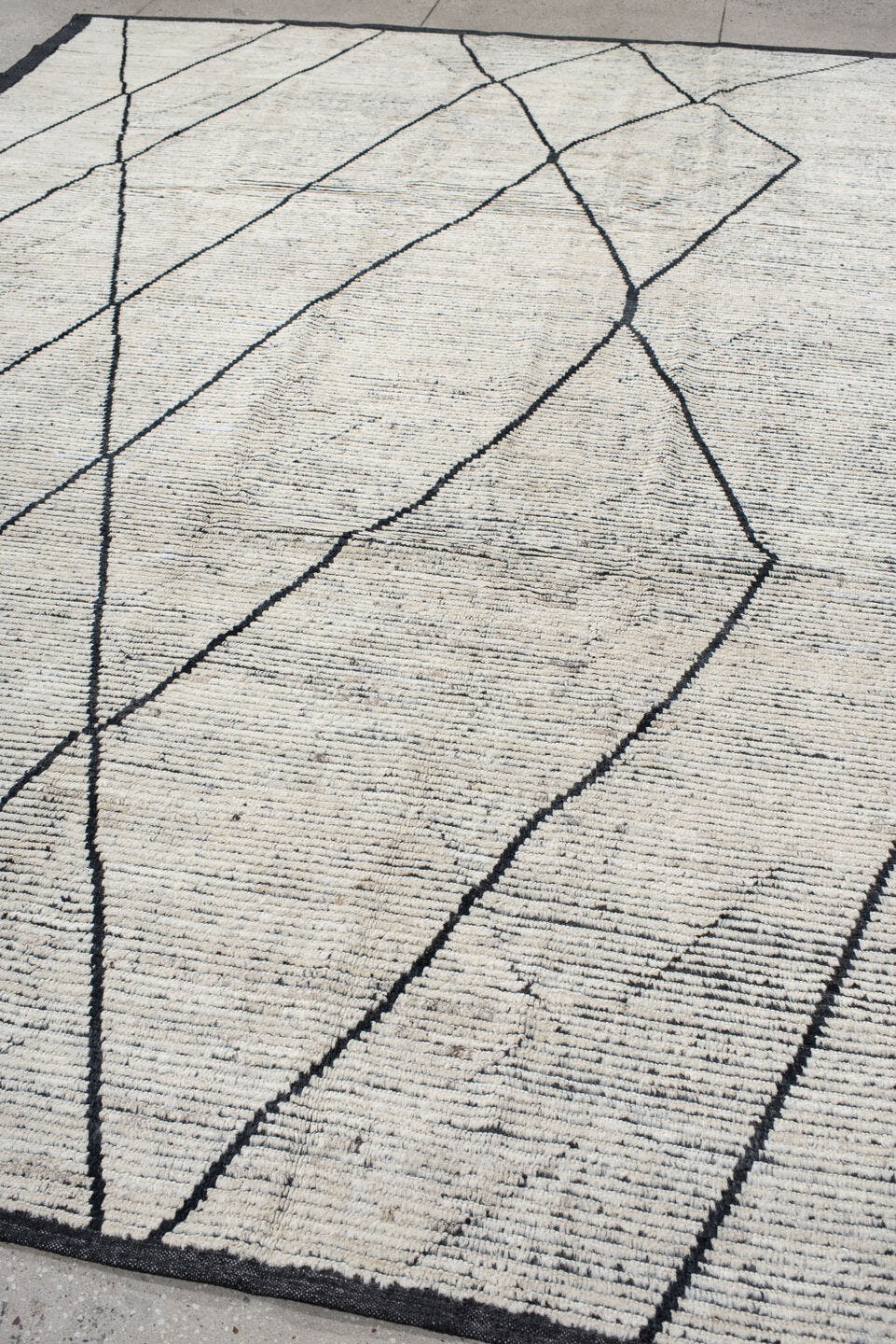 9' x 12' one-of-a-kind handmade vintage Tulu large size rug. Color palette: ivory, charcoal, black, cream, gray