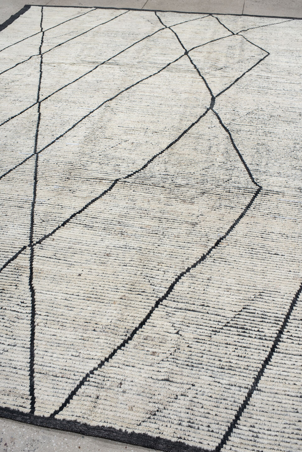 9' x 12' one-of-a-kind handmade vintage Tulu large size rug. Color palette: ivory, charcoal, black, cream, gray