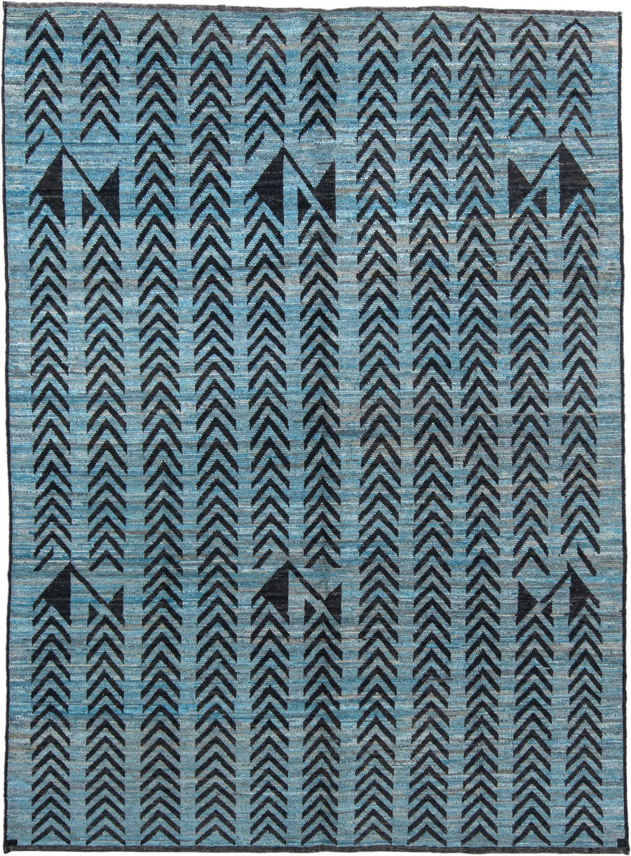 6' x 9' one-of-a-kind handmade vintage Tulu medium size rug. Color palette: sky blue, charcoal, slate, black, light blue