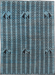 6' x 9' one-of-a-kind handmade vintage Tulu medium size rug. Color palette: sky blue, charcoal, slate, black, light blue