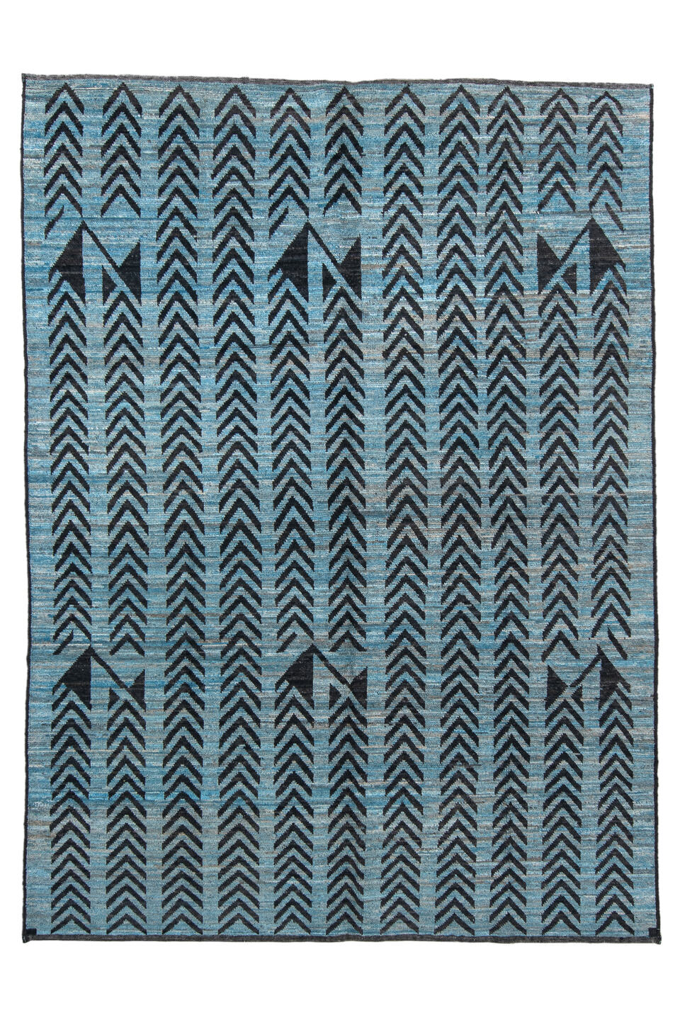 6' x 9' one-of-a-kind handmade vintage Tulu medium size rug. Color palette: gray, blue, black, light blue, light gray