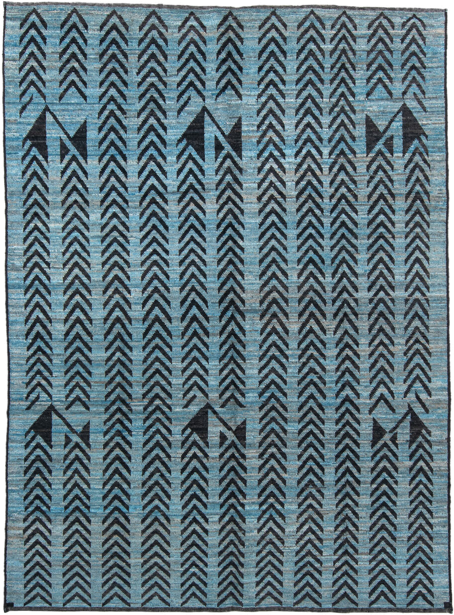 6' x 9' one-of-a-kind handmade vintage Tulu medium size rug. Color palette: sky blue, charcoal, slate, black, light blue