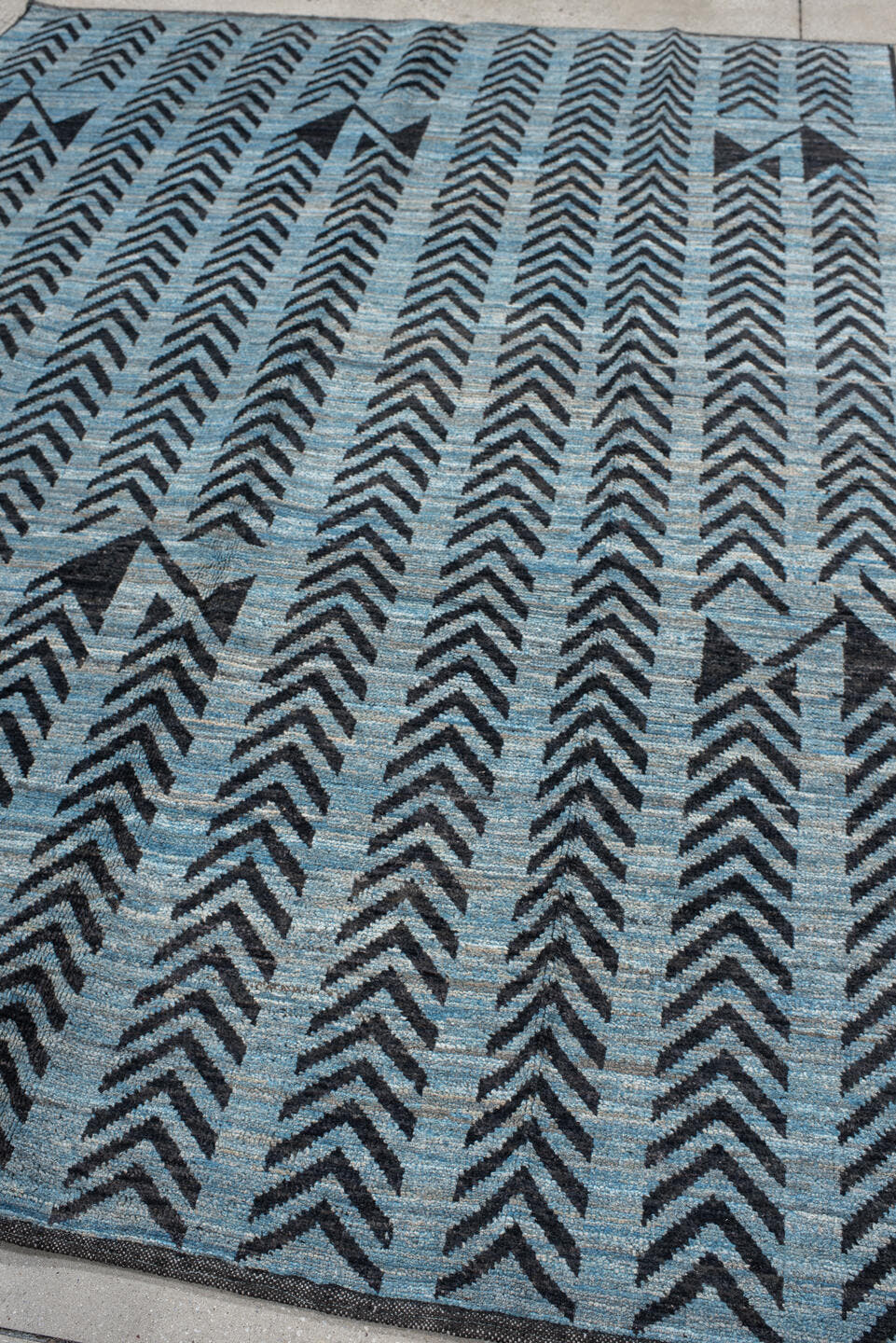 6' x 9' one-of-a-kind handmade vintage Tulu medium size rug. Color palette: sky blue, charcoal, slate, black, light blue