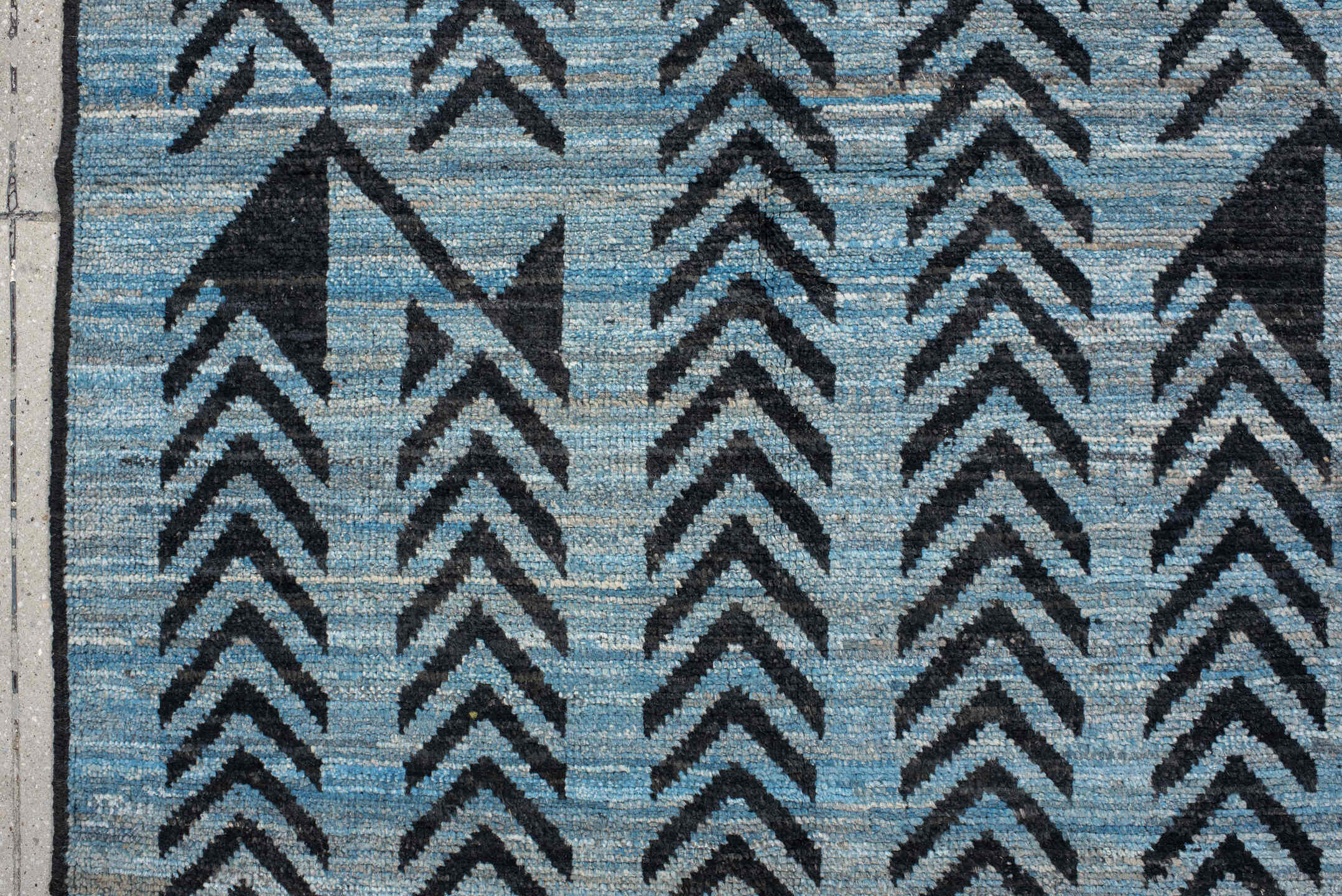 6' x 9' one-of-a-kind handmade vintage Tulu medium size rug. Color palette: sky blue, charcoal, slate, black, light blue