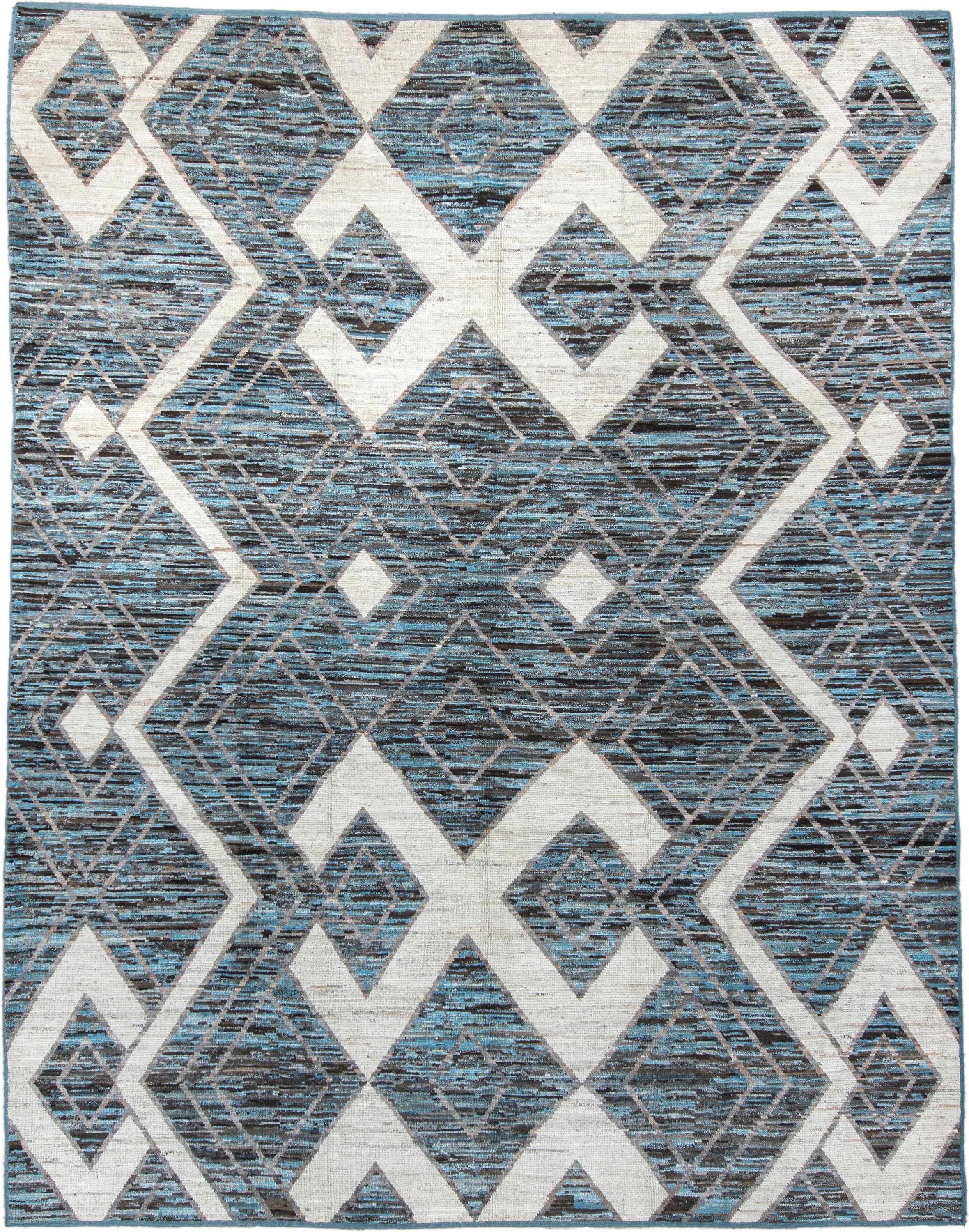 9' x 11' one-of-a-kind handmade vintage Tulu large size rug. Color palette: charcoal, ivory, turquoise, slate, sky_blue