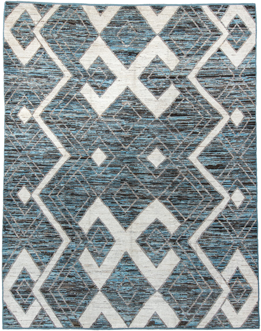 9' x 11' one-of-a-kind handmade vintage Tulu large size rug. Color palette: charcoal, ivory, turquoise, slate, sky_blue