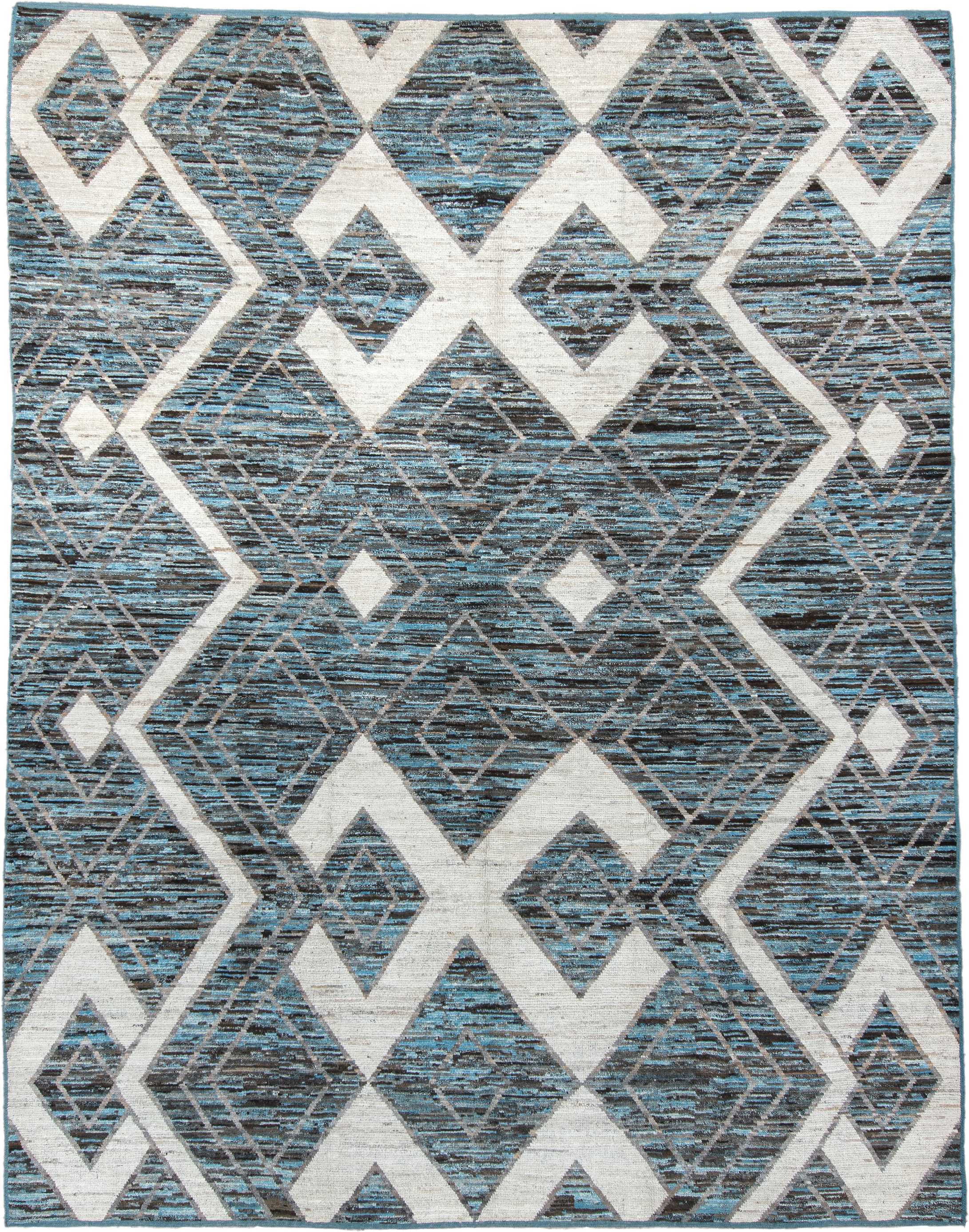 9' x 11' one-of-a-kind handmade vintage Tulu large size rug. Color palette: charcoal, ivory, turquoise, slate, sky_blue