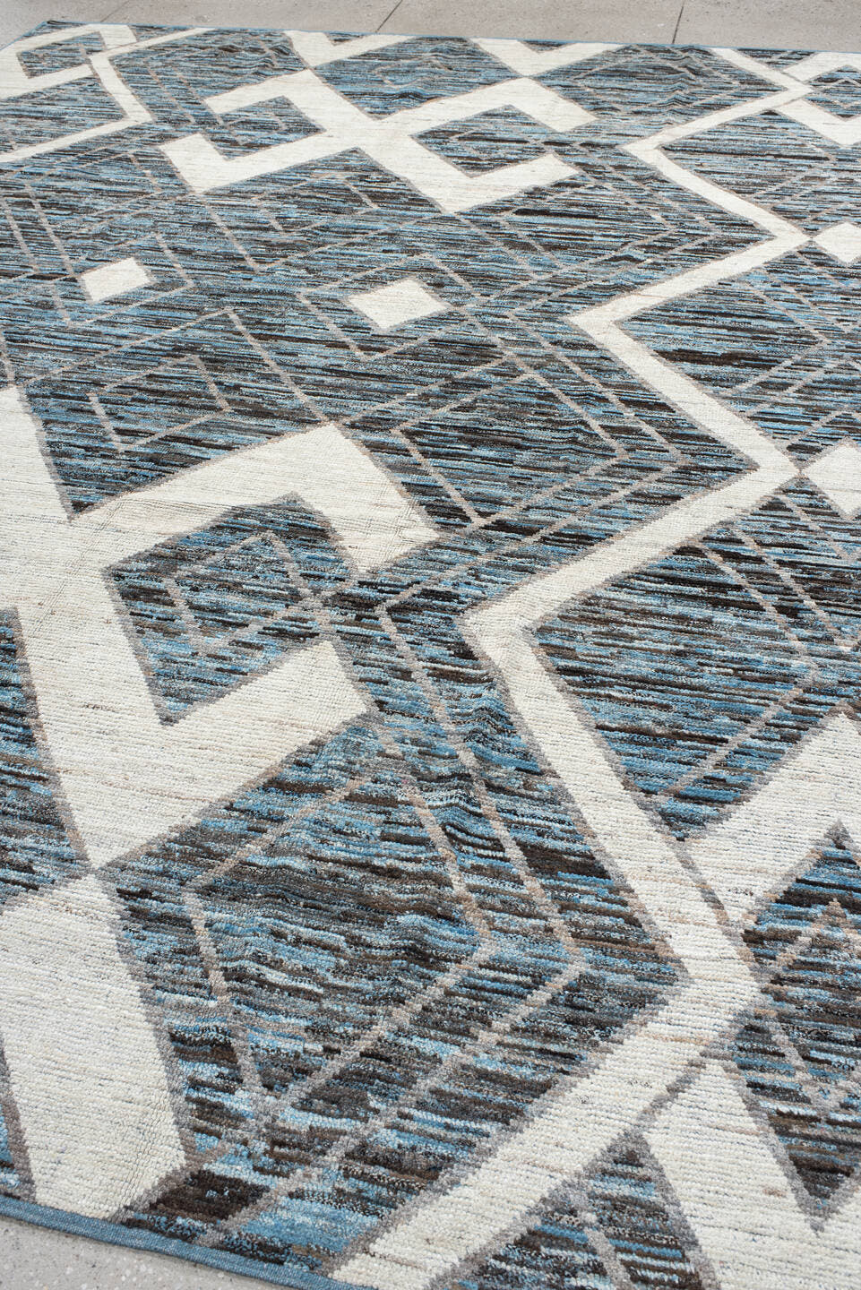 9' x 11' one-of-a-kind handmade vintage Tulu large size rug. Color palette: charcoal, ivory, turquoise, slate, sky_blue